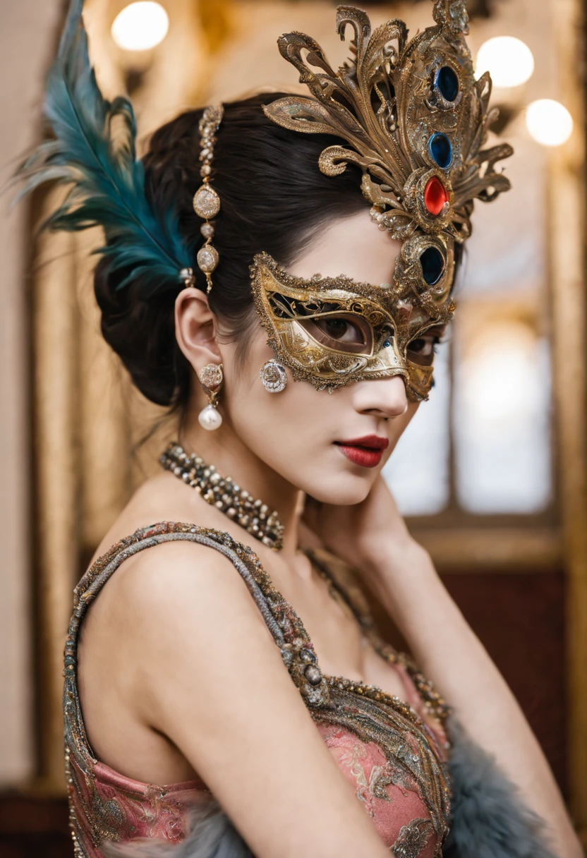 (a girl wearing a traditional Venetian mask),(best quality,highres),detailed face,beautifully decorated mask,colorful feathers,fine craftsmanship,ornate patterns,sparkling jewels,mysterious ambiance,artistic portrayal,soft lighting,vibrant colors,venetian carnival,classic beauty,traditional costume,luxurious fabric,elaborate headpiece,masquerade ball,historical setting,romantic,elegant architecture,moonlit night,enchanted feeling,mask worn by aristocrats,whispered secrets,mystical allure,unique and captivating imagery.