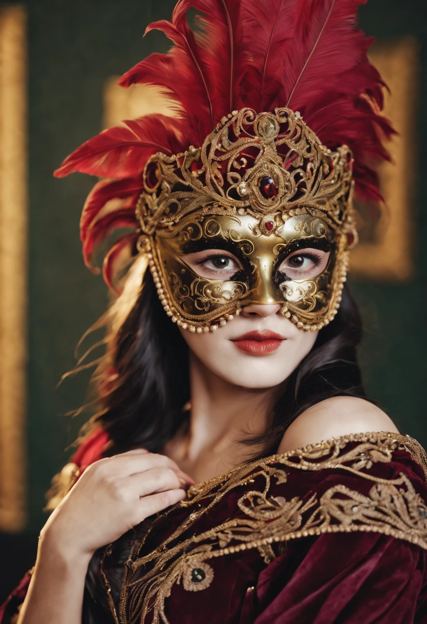 (a girl wearing a traditional Venetian mask),(best quality,highres),detailed face,beautifully decorated mask,colorful feathers,fine craftsmanship,ornate patterns,sparkling jewels,mysterious ambiance,artistic portrayal,soft lighting,vibrant colors,venetian carnival,classic beauty,traditional costume,luxurious fabric,elaborate headpiece,masquerade ball,historical setting,romantic,elegant architecture,moonlit night,enchanted feeling,mask worn by aristocrats,whispered secrets,mystical allure,unique and captivating imagery.