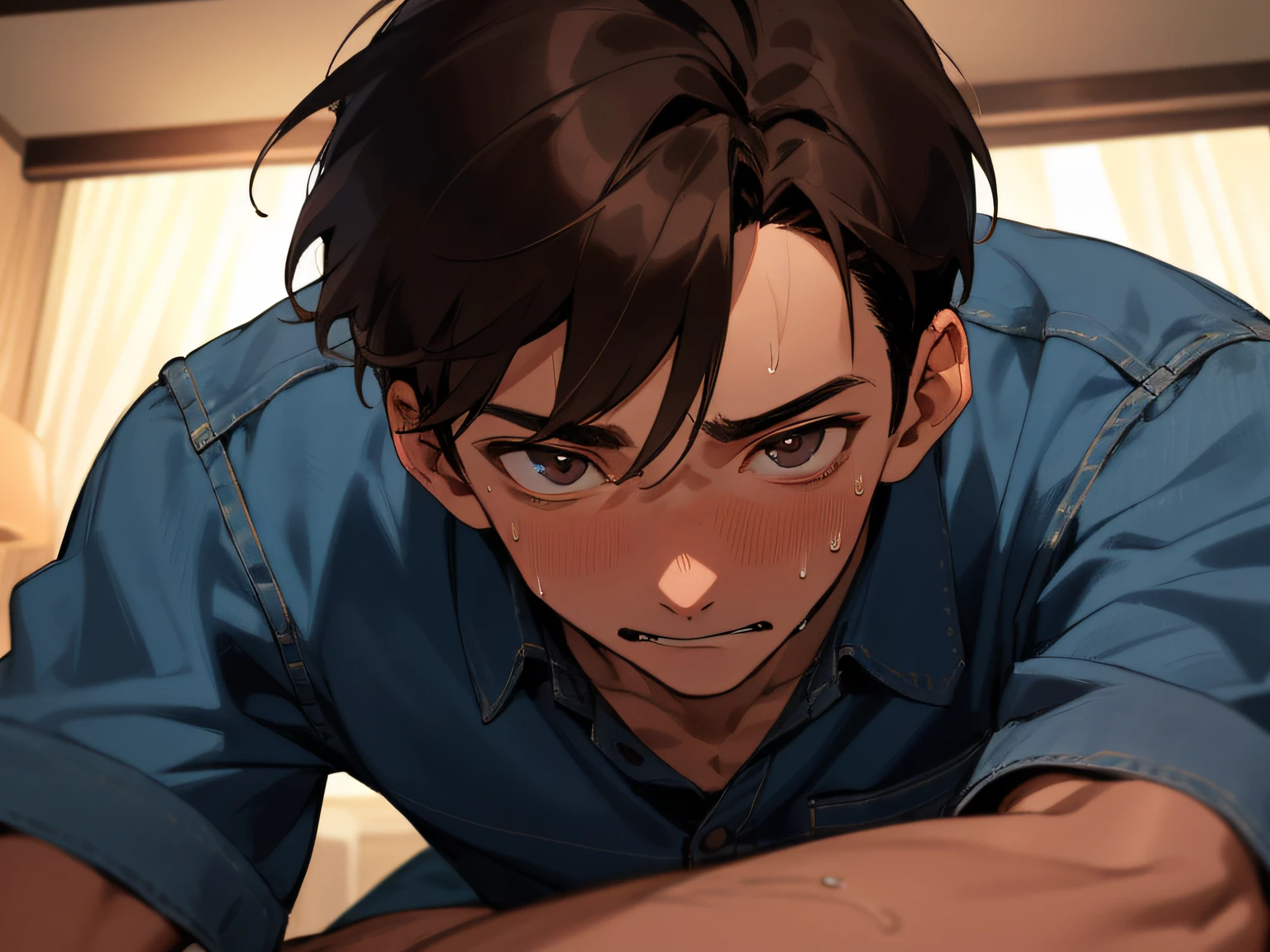 male people, 26 years old,1 boy、Brown hair,Denim shirt,eyes are brown,extreme close - up,Sweating、Angle from below,perspiring,Impatient expression,Background Hotel,a bed,natta