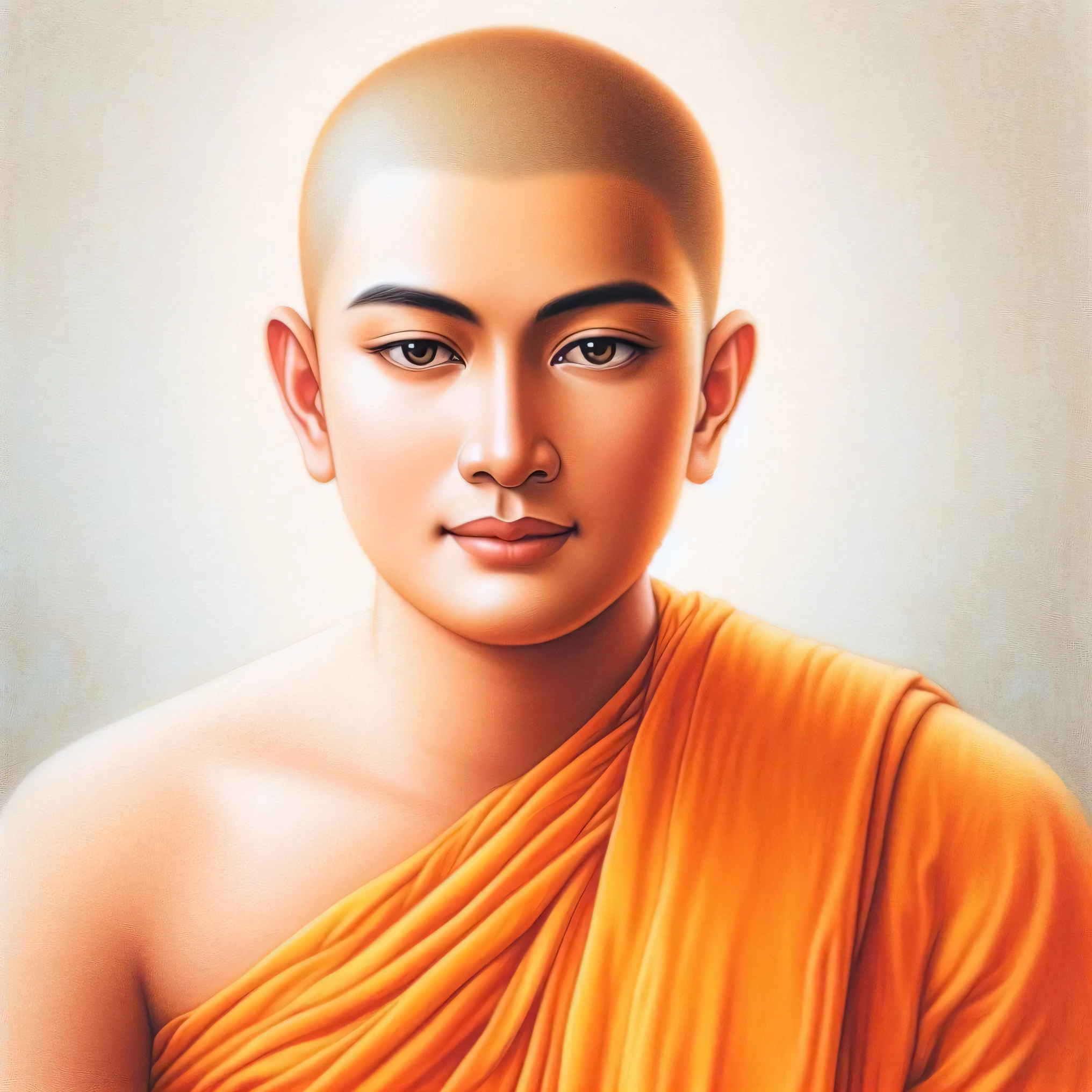 painting of a monk with a bald head and orange robes, buddhist, portrait of monk, buddhist monk, buddhism, the buddha, samsara, 2 1 st century monk, monk, buddha, monk meditate, nivanh chanthara, monk clothes, buddhist monk meditating, buddhist art, artistic depiction, serene expression, profile picture 1024px
