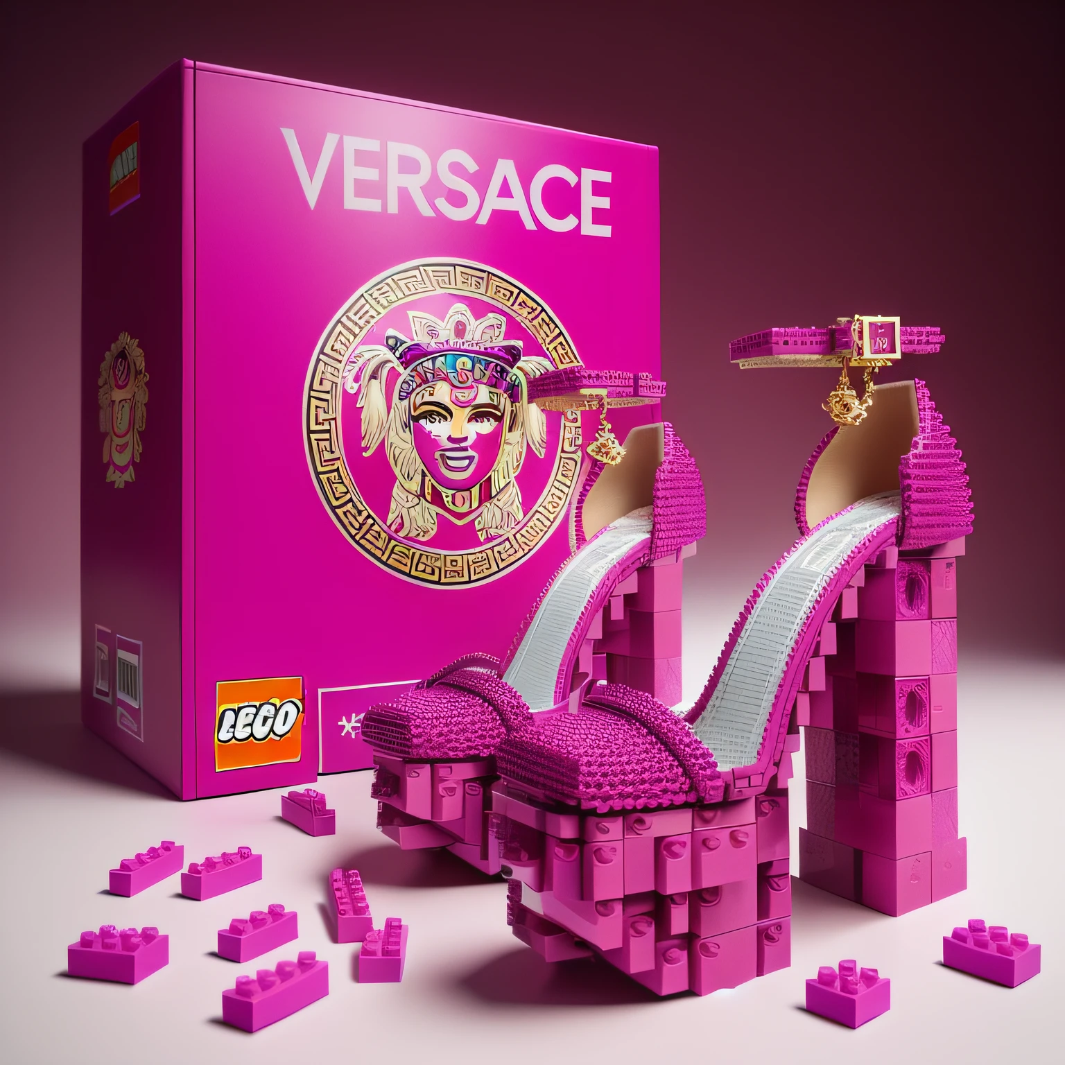 a close up of one pink shoe with a box of legos, sneaker made out of lego, made of lego, lego style, versace, inspired by Mike Winkelmann, official versace editorial, by Mike Winkelmann, masterpiece work of art, trend on behance 3 d art, trend on behance 3d art, by Joseph-Marie Vien, masterpiece!!!!