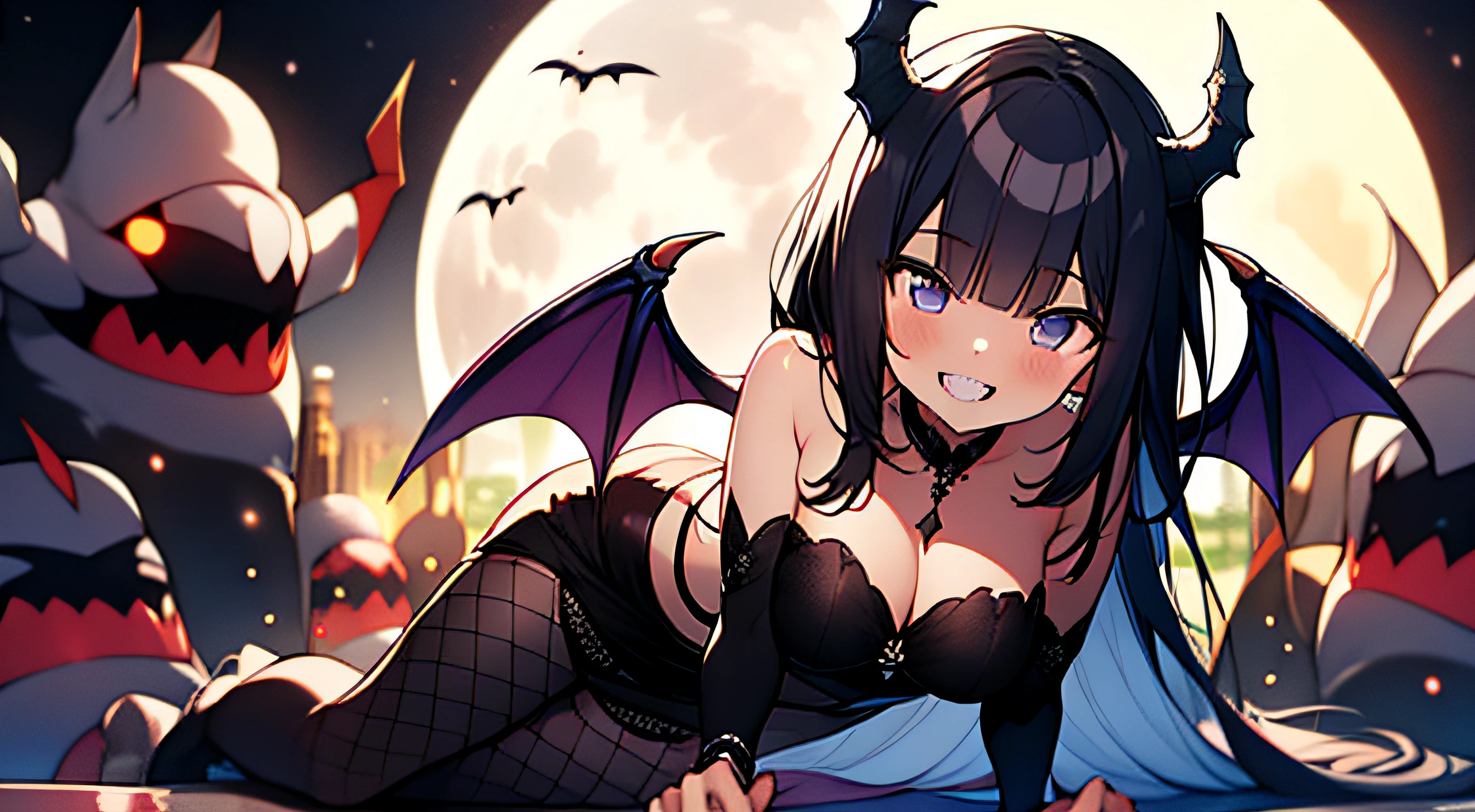 (Moon Night),  alluring succubus,Ultra-detailed Rihanna as Satan on the throne of hell, Lori, Vampire, Dark Gothic, fishnet tights, brack, (A dark-haired),  asymmetrical bangs, Blunt bangs, Straight hair, Long sideburns, two side up, Devilish girl, Purple eyes, tusk, sparking eyes,  kawaii, Cute, Naughty smile, double tooth, Dark Forces,  sharpteeth, Cowboy Shot,  Girl