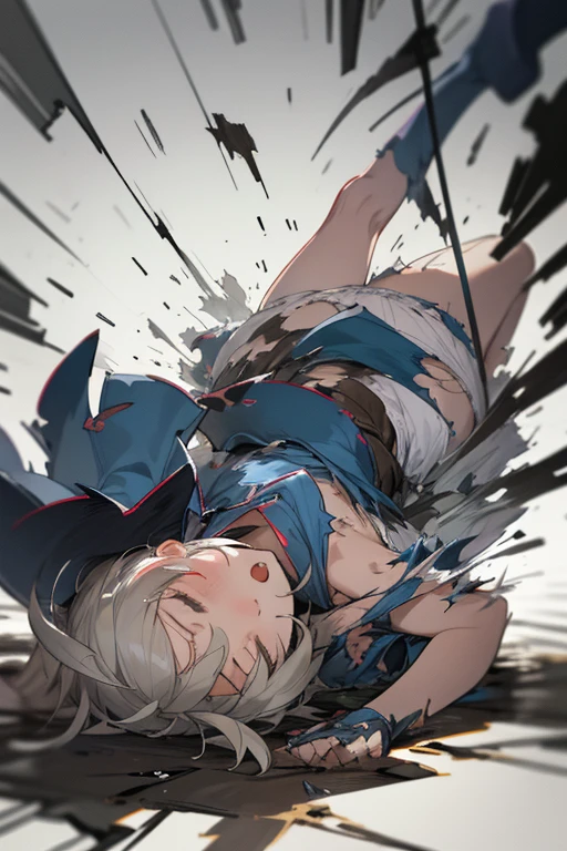best quality, tottering, falling, blow off, perfect anatomy, white underwear, closed eyes, sad, annoying, despair, tearing up, tired, :o, bleed, dirty, torn clothes, detailed background, dark magician girl