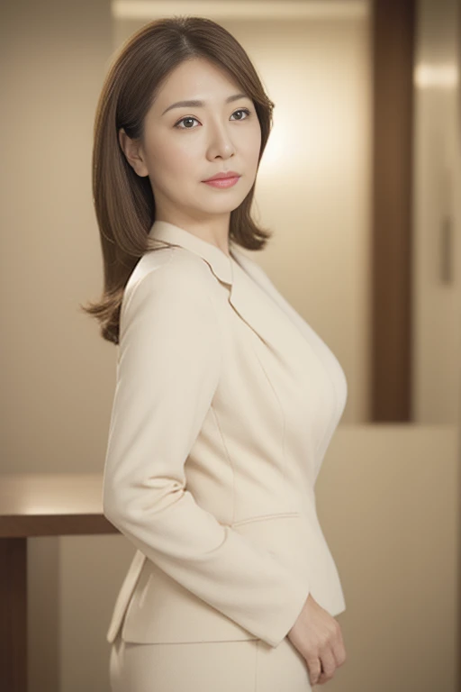 masuter piece, top-quality, ​masterpiece, hight resolution, Photorealsitic, Raw photography, 8k wallpaper, flawless, profetional lighting, ighly detailed, depth of fields,Pale solid color background, ((Japanese mature woman in her 40s)), chubby figure, Female sexy, Detailed face, beautidful eyes, bangss, large full breasts, Straight light brown hair that reaches to the shoulders, Faint lips, ((Stand with your back facing the center of the screen..、Staring at the viewer#39;serious face eyes.)),Business Wear, foot out of frame, Looking at Viewer,