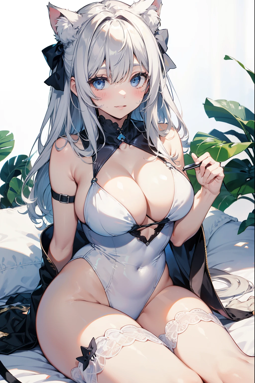 High-level image quality、Top Quality、detailed drawing、no#39;Blushing cheeks、Skinny beauty、the cats、white swimsuit、small eyes、Knee height、Stockingidium thorax、Black hair、With a tail, Huge