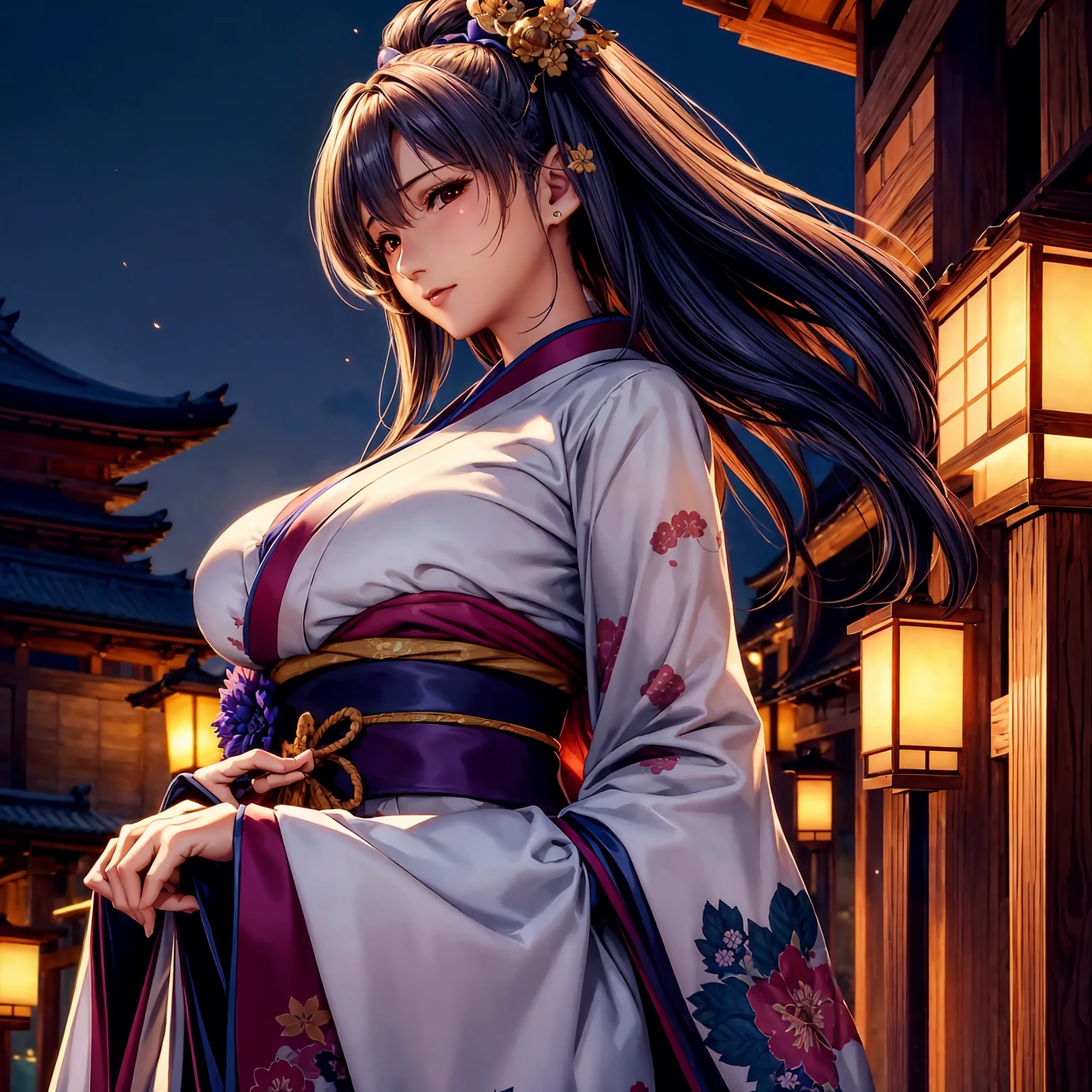 (top-quality、masterpiece、very high res、超A high resolution,High resolution details 1.5)、A woman of perfect and ultimate beauty(24 years old 1.5)、(Beautiful breasts and body shape 1.5)、Beautiful body、美丽的面容、large pink,Long hair,Beautiful hair、Japan hair ornament,realistic textured skin,Wearing a beautiful Japanese long kimono,Kimono has colors and patterns.,Kimono sleeves and obi are long,Arms outstretched,Exposed shoulders from kimono,I can see the cleavage,wearing a stole,Bright smile,Mouth opens,Hair flutters under the influence of the wind,The sleeves and obi of a kimono flap due to the wind.,that is a mysterious place,Fantastic night sky and beautiful full moon,Lantern light,Beautiful Landscapes、(accurate anatomy、extremely detailed picture、Accurate images、Perfect Image 1.5)、、beautiful anime woman, Beautiful Art Style, an animated character、The whole picture、Detailed picture、Defect-free images、natural soft light、beautiful image、、(Best Shot 1.2)