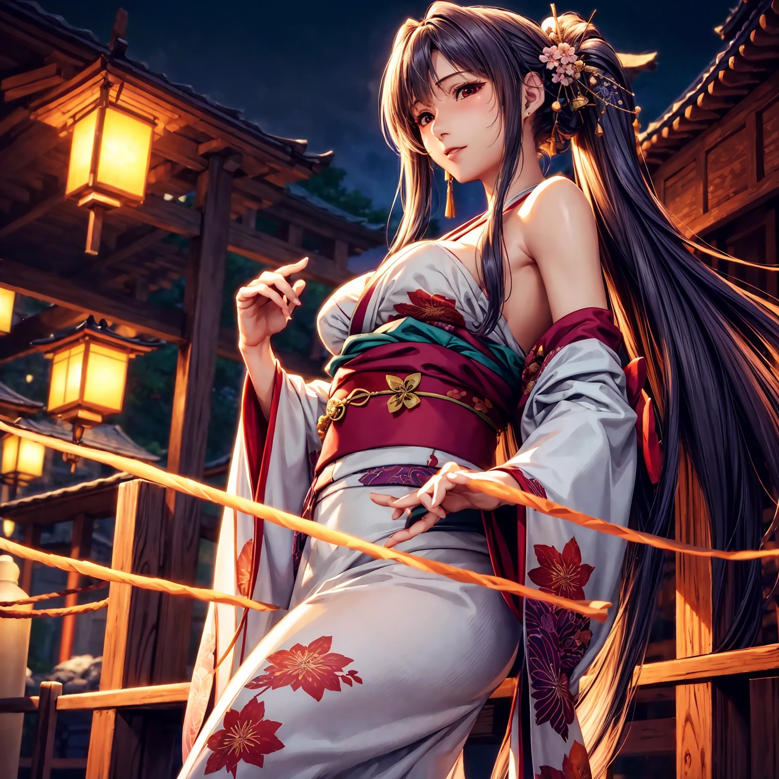 (top-quality、masterpiece、very high res、超A high resolution,High resolution details 1.5)、A woman of perfect and ultimate beauty(24 years old 1.5)、(Beautiful breasts and body shape 1.5)、Beautiful body、美丽的面容、large pink,Long hair,Beautiful hair、Japan hair ornament,realistic textured skin,Wearing a beautiful Japanese long kimono,Kimono has colors and patterns.,Kimono sleeves and obi are long,Arms outstretched,Exposed shoulders from kimono,I can see the cleavage,Bright smile,Mouth opens,Hair flutters under the influence of the wind,The sleeves and obi of a kimono flap due to the wind.,that is a mysterious place,Fantastic night sky and beautiful full moon,Lantern light,Beautiful Landscapes、(The whole body,thigh visible,accurate anatomy、extremely detailed picture、Accurate images、Perfect Image 1.5)、、beautiful anime woman, Beautiful Art Style, an animated character、The whole picture、Detailed picture、Defect-free images、natural soft light、beautiful image、、(Best Shot 1.2)