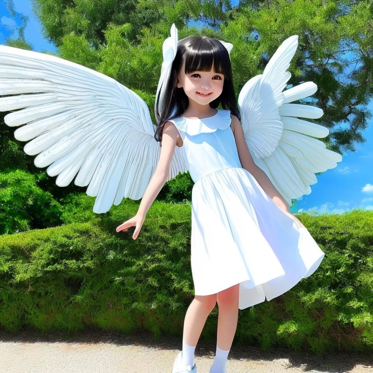 Petite girl, Grinning, a small face, Full body, blazing, ((Blue sky))),((white dress fluttering)),((Big white wings)),((Innocent)),((Dolce)),Black hair