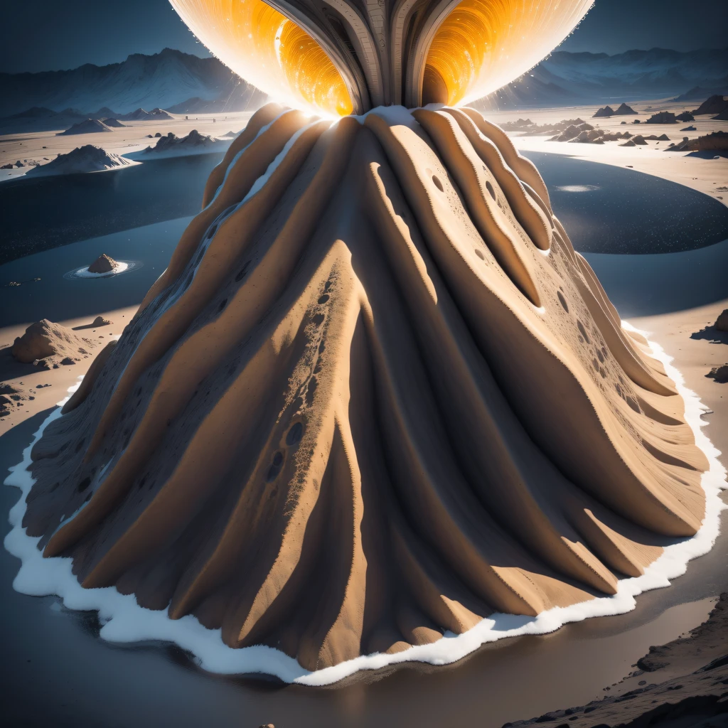 Alien base (The very detailed) in desert mountains,There are several exhaust fans and chimneys, some spotlights shine from the base,Light up dark places at night), There are some clouds in the night sky, Some surrounding planets provide air to unknown planets,The farthest giant volcano erupting