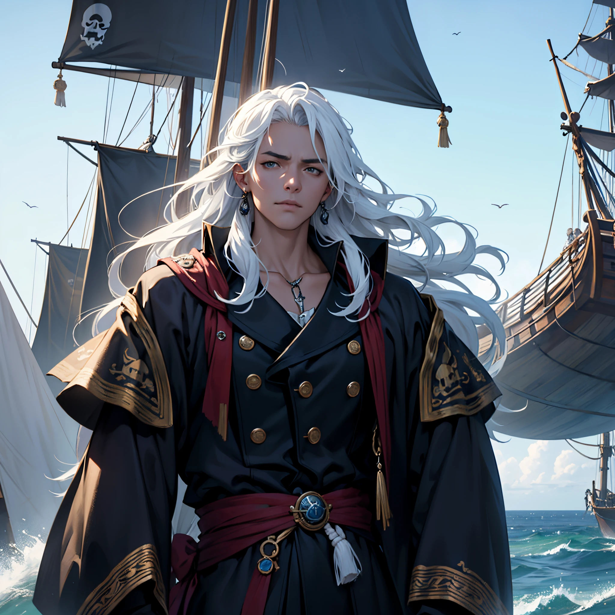 ​masterpiece, Best Quality, detailed, person upper body, Cinematics, 4k, Background with: pirate ship on the blue sea, Very thin, white haired old pirate captain., Standing proudly on deck