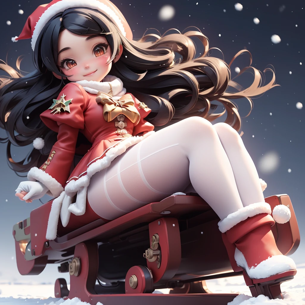 amasterpiece, best quality, 8k, cinematic light, ultra high res, chibi, cute girl smiling sitting on a sleigh, black hair, christmas steampunk dress, christmas hair ribbons, white pantyhose, red pumps, magical night, winter night, magical sparks floating, falling snow,