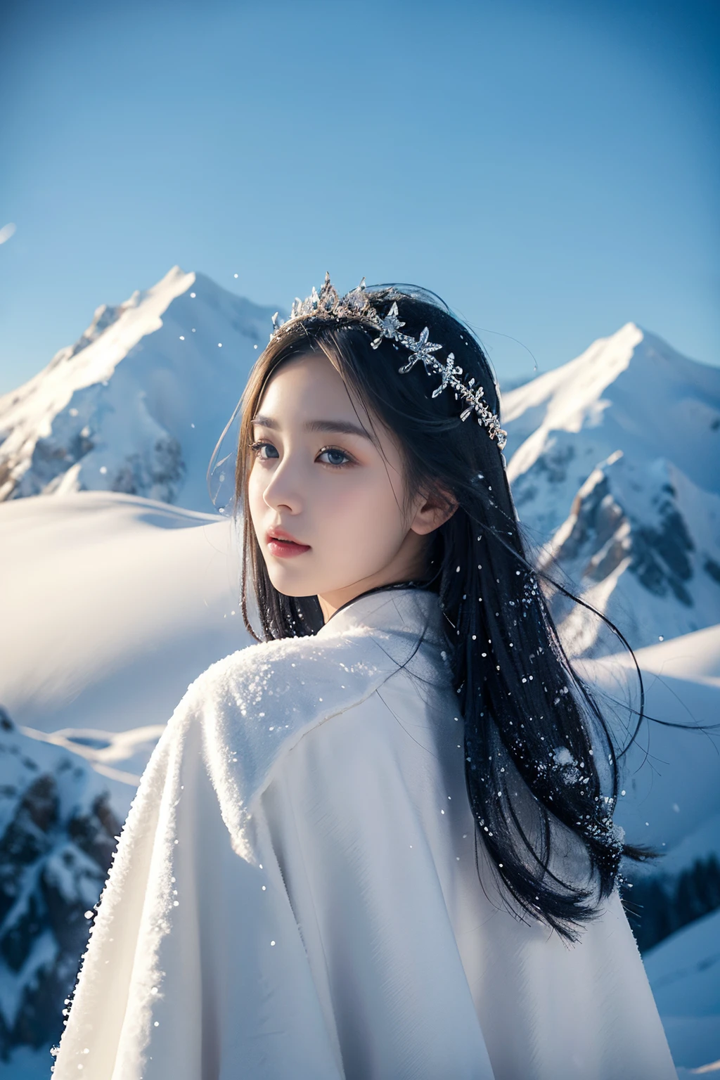 Photographic realism、quality、超高分辨率、photore、（fully body photo）（The figure  good）（Very detailed faces），（intricately details）The makeup of the princess on the snow mountain  elegant and pure，Has long blue-white hair，Her face exudes healthy rosiness，The eyes are clear and bright，It’s like listening to the secrets of the snow-capped mountains。Her lips are soft and charming，The slightly raised angle reveals her confidence and elegance。Her delicate skin seems to have been baptized by the crystal clear snow mountains，It emits a faint glow。

The princess wears a gorgeous snow-white robe，The robe  decorated with silver snowflake patterns，Integrate with the surrounding snow-capped mountains。Her hair  neatly and delicately combed，It exudes a faint fragrance，It seems to be integrated with the coldness of the snow-capped mountains。On her wrist  a bracelet made of  sapphirelashing with a faint light，Matches her eyes perfectly.。

The environment where the princess lives  a pure white world，The pure whiteness of snow perfectly complements her demeanor。Beside her，The mountains tower，Snowy peaks soar into the clouds，As if guarding this noble snow mountain princess。The sun shines on the snowy mountains，Reflecting the beautiful light and shadow around the princess，Like a picture of a snow-capped mountain wonderland，It's intoxicating。