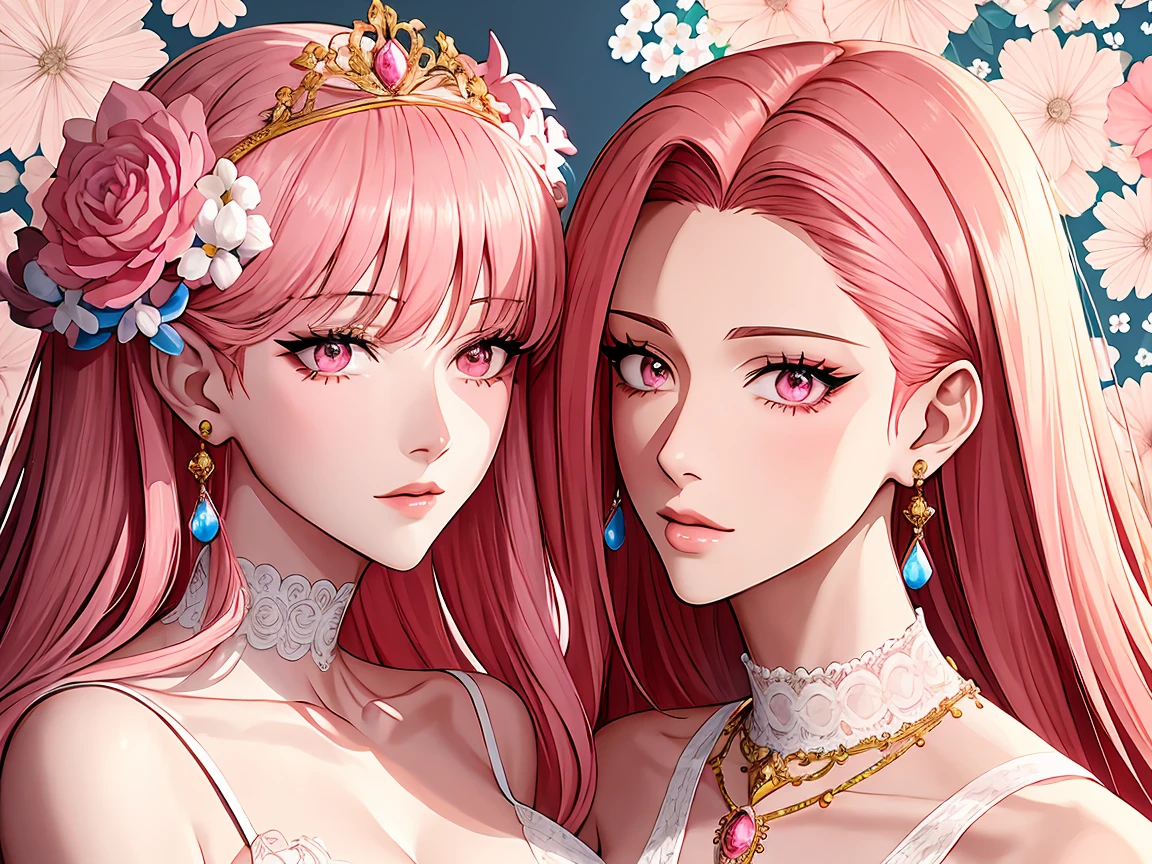 ((shoujo-style)), ((floral background, romance manhwa)), (2girls:1.2), couple, pink hair, blonde hair, solo, long hair, flower, dress, thick eyeblows, flower, straight hair, blaid, closed mouth, collarbone, breast, (cleavage), puffy sleeves, white dress, purple dress, elbow gloves, earrings, necklace, (tiara), jewelry, golden, lace trimmed, bow, face focus, teasing, beautiful face, detailed eyes, pupil, looking at viewer, all intricate