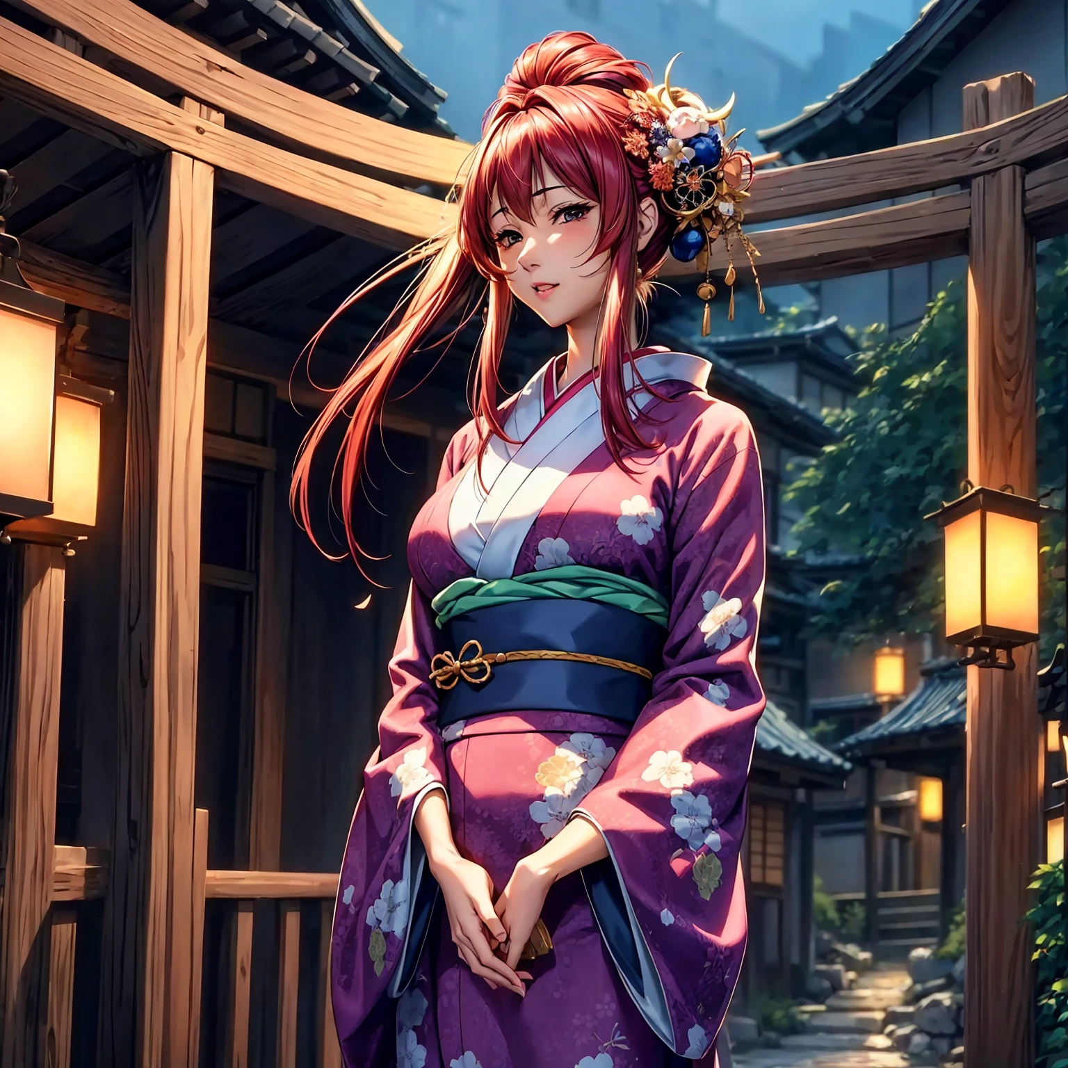 (top-quality、​masterpiece、very high res、超A high resolution,High resolution details 1.5)、A woman of perfect and ultimate beauty(24 years old 1.5)、(Beautiful breasts and body shape 1.5)、Beautiful body、美丽的面容、large pink,Long hair,Beautiful hair、Japan hair ornament,realistic textured skin,Wearing a beautiful Japanese long kimono,Kimono has colors and patterns.,Kimono sleeves and obi are long,Arms outstretched,Exposed shoulders from kimono,I can see the cleavage,wearing a stole,Bright smile,Mouth opens,Hair flutters under the influence of the wind,The sleeves and obi of a kimono flap due to the wind.,that is a mysterious place,Fantastic night sky and beautiful full moon,Lantern light,Beautiful Landscapes、(accurate anatomy、extremely detailed picture、Accurate images、Perfect Image 1.5)、、beautiful anime woman, Beautiful Art Style, an animated character、The whole picture、Detailed picture、Defect-free images、natural soft light、beautiful image、、(Best Shot 1.2)