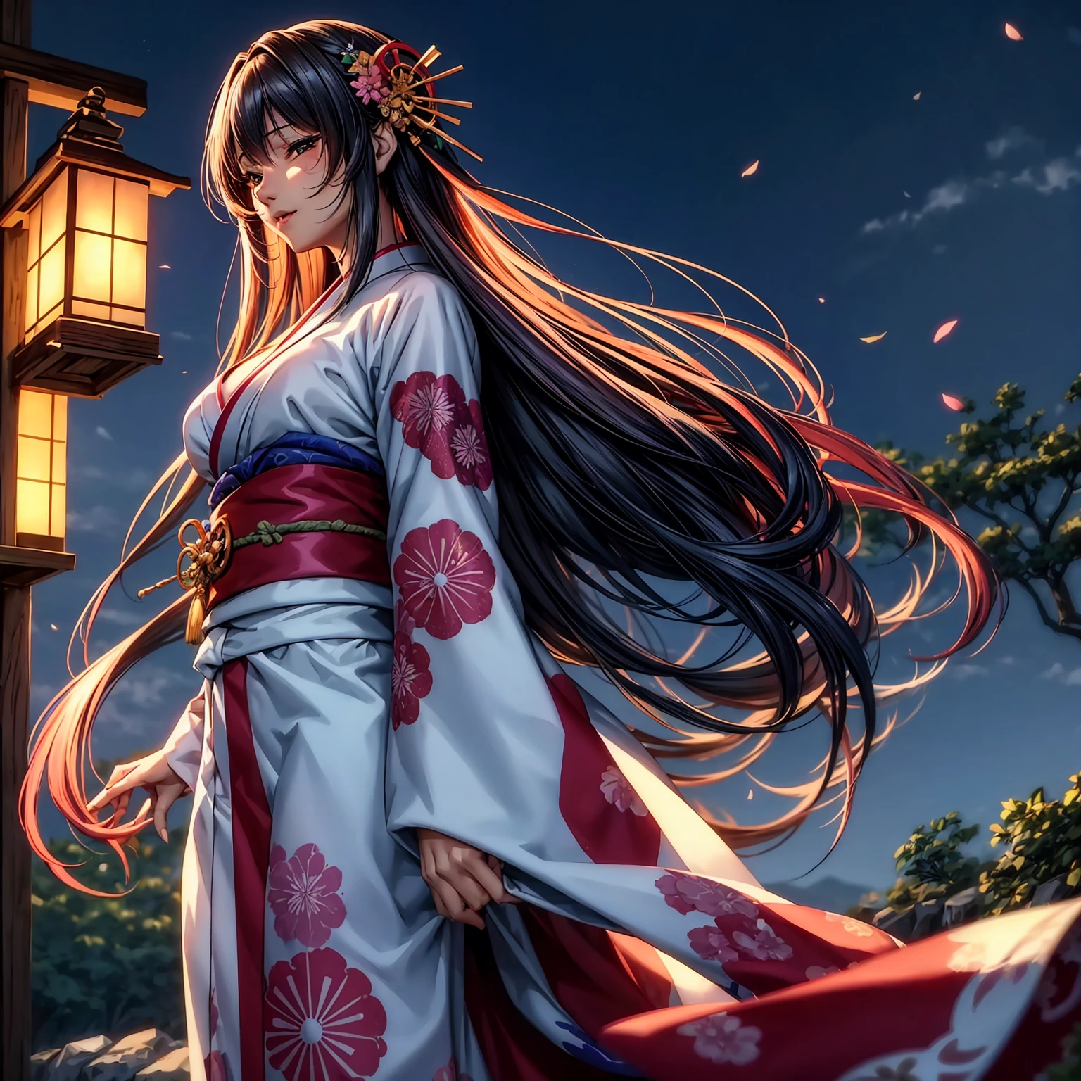 (top-quality、​masterpiece、very high res、超A high resolution,High resolution details 1.5)、A woman of perfect and ultimate beauty(24 years old 1.5)、(Beautiful breasts and body shape 1.5)、Beautiful body、美丽的面容、large pink,Long hair,Beautiful hair、Japan hair ornament,realistic textured skin,Wearing a beautiful Japanese long kimono,Kimono has colors and patterns.,Kimono sleeves and obi are long,Arms outstretched,Exposed shoulders from kimono,I can see the cleavage,wearing a stole,Bright smile,Mouth opens,Hair flutters under the influence of the wind,The sleeves and obi of a kimono flap due to the wind.,that is a mysterious place,Fantastic night sky and beautiful full moon,Lantern light,Beautiful Landscapes、(accurate anatomy、extremely detailed picture、Accurate images、Perfect Image 1.5)、、beautiful anime woman, Beautiful Art Style, an animated character、The whole picture、Detailed picture、Defect-free images、natural soft light、beautiful image、、(Best Shot 1.2)
