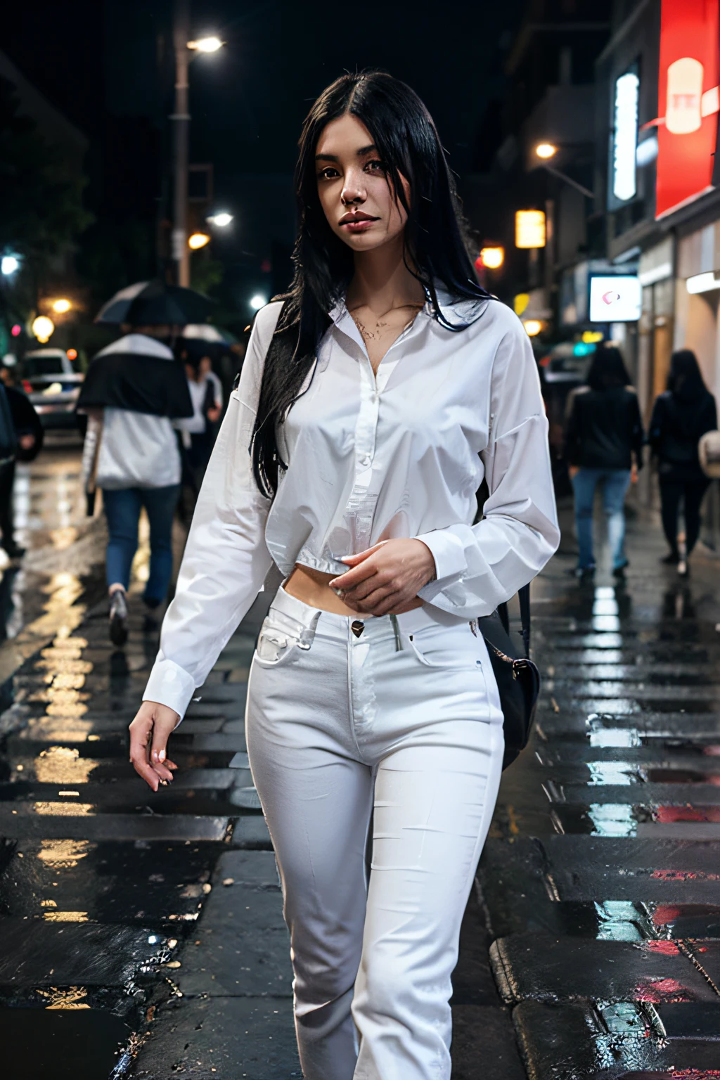 one girl, long black straight hairs, white shirt and blue jeans, walking under the rain, busy street with rim lights