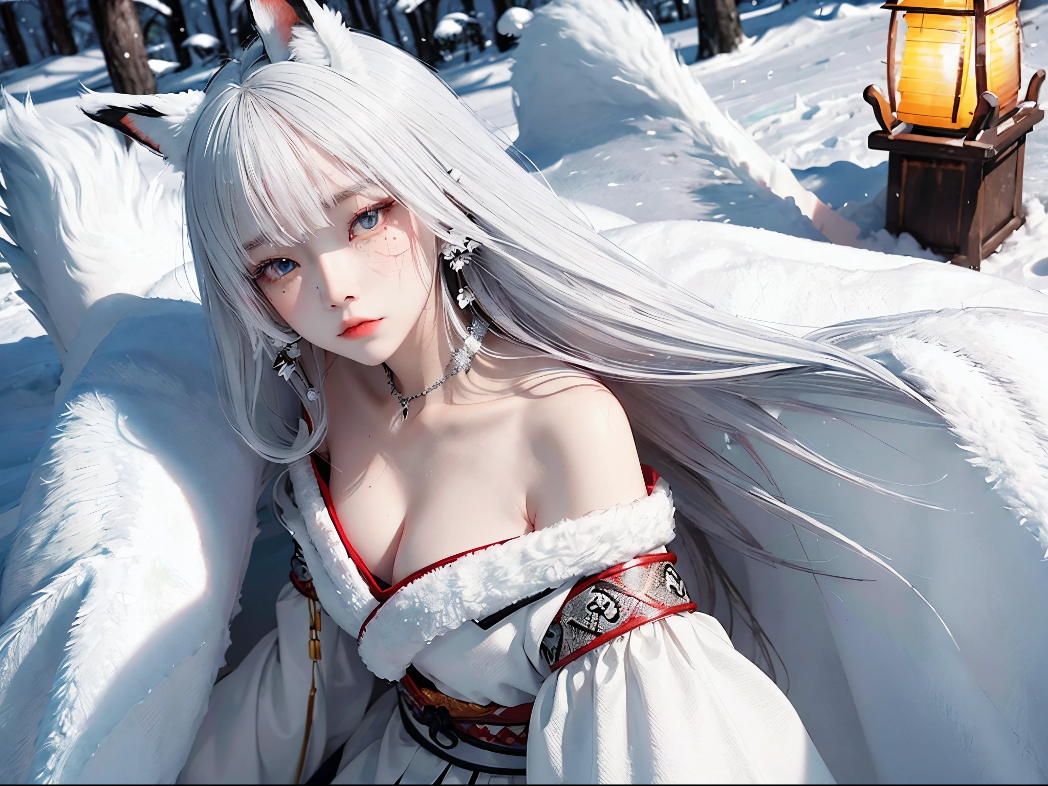 , Asian female, samurai kimono, sharp piercing eyes, only white and black clothes, short-white hair woman, detailed eyes, focused highlight, background a winter mountain, white the main color, 1 beautiful girl, Detailed eye, Swollen eyes, top-quality, A high resolution, an Asian beauty, very extremely beautiful, Beautiful skins, A slender, Forward-facing body, (A hyper-realistic), (high resolution), (4K), (highly detailed),( Best Illustration), (beautifully detailed eyes), (ultra-detailed), 详细的脸, Bright lighting, Professional Lighting, distance view, (Snow, winter:1.2), (lantern), (cry), (samurai armor), (fox ears and fox tail), samurai with fox ears and fox tails, dark white and bold red color, natural lighting, robot fox companions,