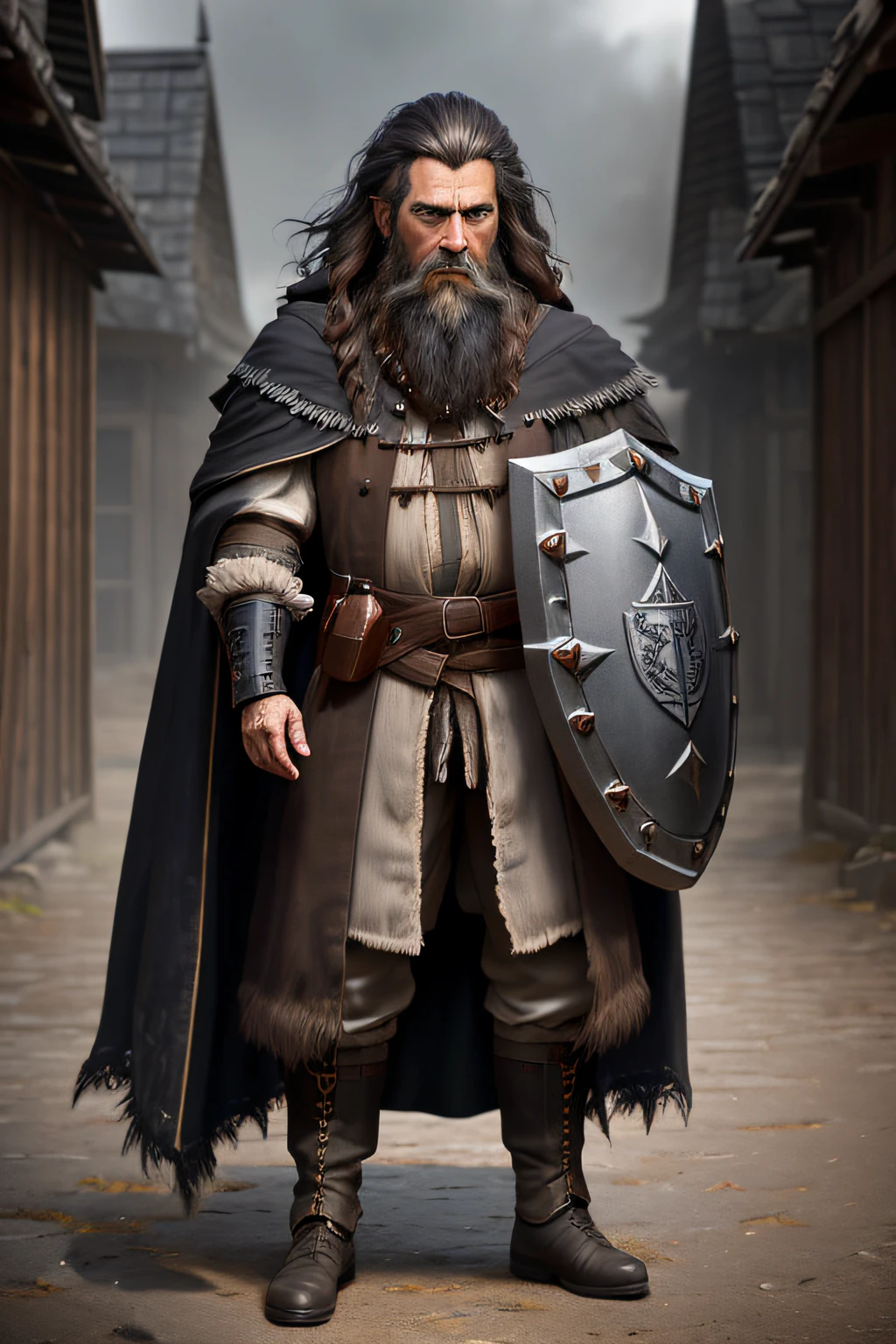 Full body, old evil hermit, medieval, piercing_deep-set_eyes, wrinkled face, dark_black_cloak, (dramatic lighting:1.25), (shadowy background:1.2), (dirty_ unkempt_dark brown_hair:1.2), (long_shaggy_beard:1.3), (faded colors:1.1), (sharp focus:1.1), (shadows:1.2), (subtle HDR:1.3), (realistic skin texture:1.25), (detailed hair:1.2), (gritty texture:1.1), (cinematic look:1.2), (powerful pose:1.3), (blush:0.5), (goosebumps:0.5), subsurface scattering, detailed_grey_eyes, holding shield