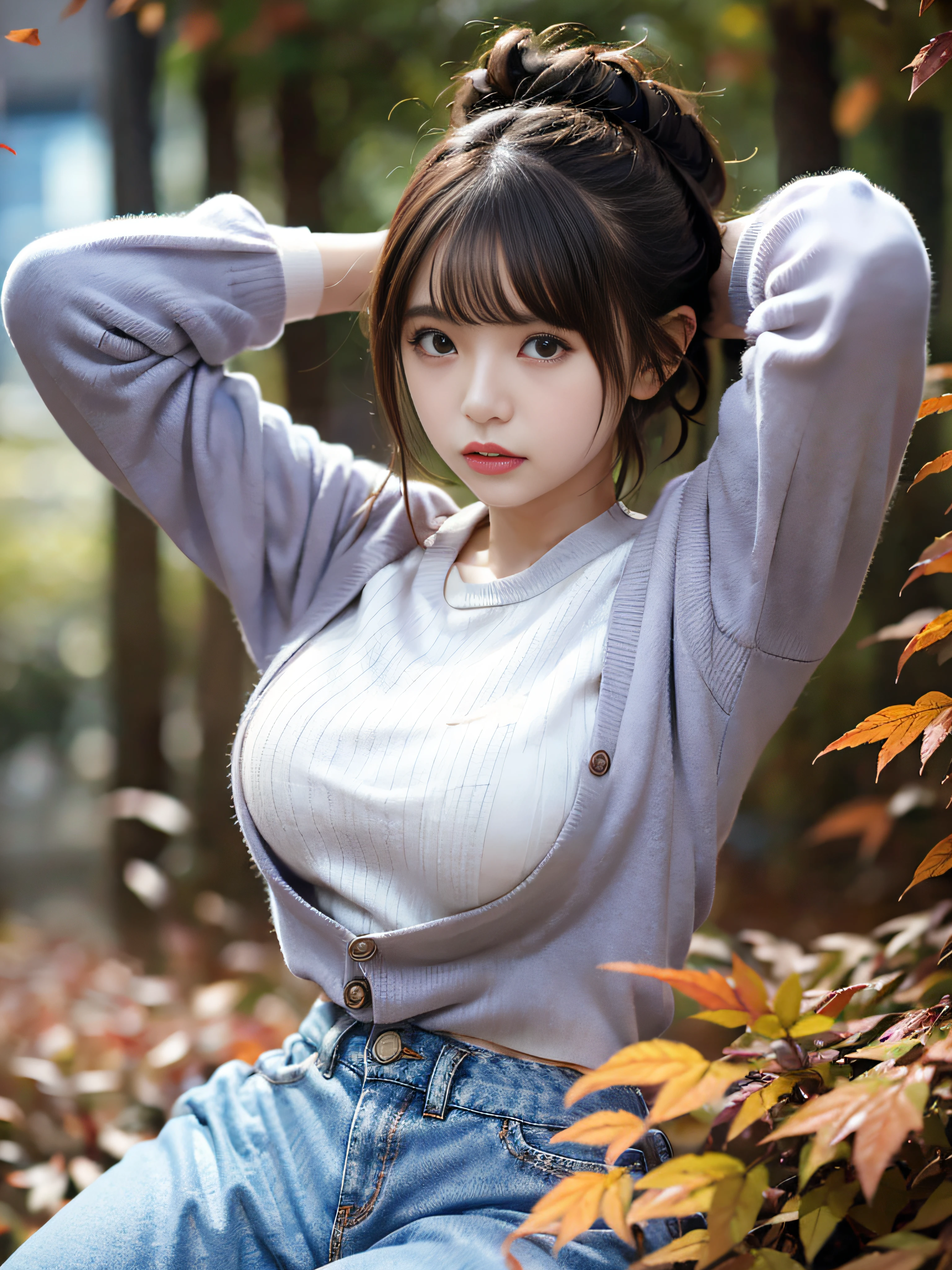 RAW image quality、8K分辨率、Ultra-high-definition CG images、Autumn leaves at night🍁、Moonlight、 beautiful woman、Detailed beautiful eyes、Beautiful beautiful straight side sweep short hair、Clear skin, (Sporty Cyberpunk Complex Long Sleeve Streetwear)、Low Rise Short Denim Pants, Colossal tits、Susukihata、depth of fields、masutepiece、absurderes、24K Graphic Arts、Carefully drawn background、Composition with depth、sano、jumpy、