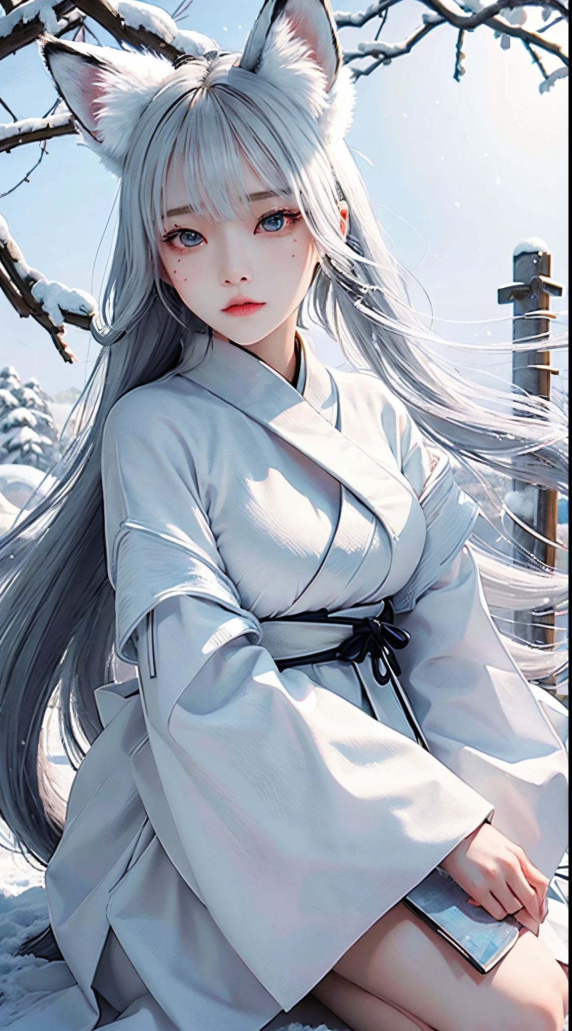 , Asian female, samurai kimono, sharp piercing eyes, white and black clothes, white twin-tail, hair woman, detailed eyes, focused highlight, background  a winter mountain, white  the main color, 1 beautiful girl, Detailed eye, Swollen eyes, top-quality, A high resolution, an Asian beauty, very extremely beautiful, Beautiful skins, A slender, Forward-facing body, (A hyper-realistic), (high resolution), (4K), (highly detailed),( Best Illustration), (beautifully detailed eyes), (ultra-detailed), 详细的脸, Bright lighting, Professional Lighting, distance view, (Snow, winter:1.2), (lantern), (cry), (samurai armor), (fox ears and fox tail), samurai with fox ears and fox tails,  natural lighting,