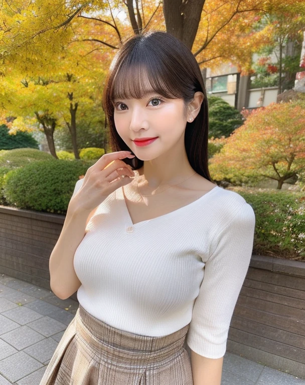 masterpiece、Photorealsitic、Best Quality、super detailed skin、japanese mature、kawaii、45 yers old、large boob、glamor、Mature Actress、perfectbody、Autumn clothes、skirt by the、Emphasis on the chest、is looking at the camera