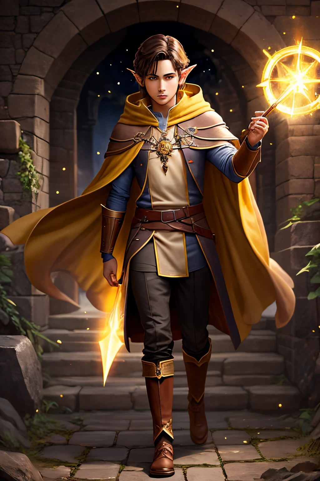 full body, male, half elf,  age, wizard, brownish skin, dark brown hair, yellow eyes, mage robe