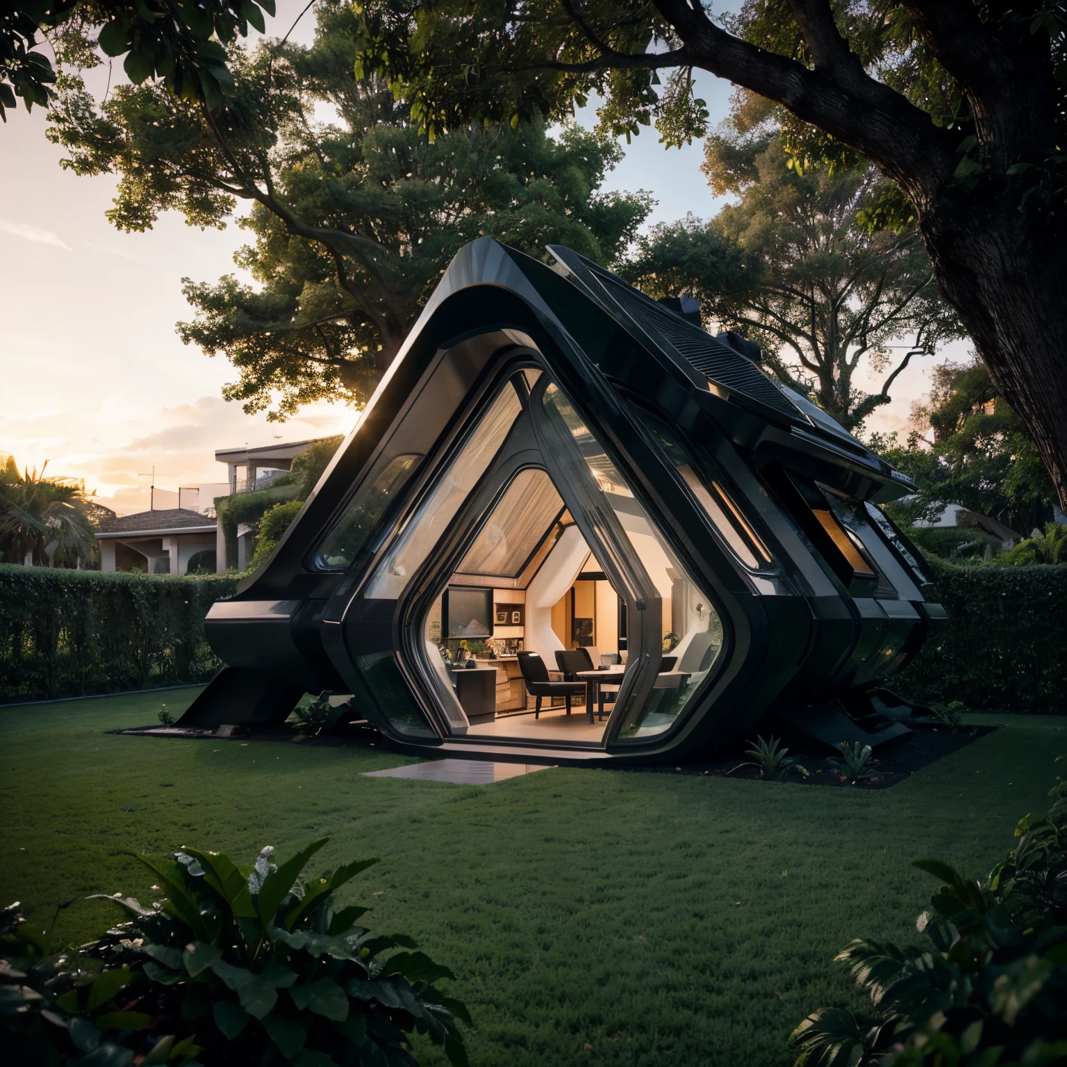 hyper realistic organic villa on trees ,bionic futuristic villa designed by Zaha Hadid with black frames , sunset , hyper realistic, depth of field , modern architecture, minimal architecture , futuristic architecture , foggy , lights on front garden no human, isometric view