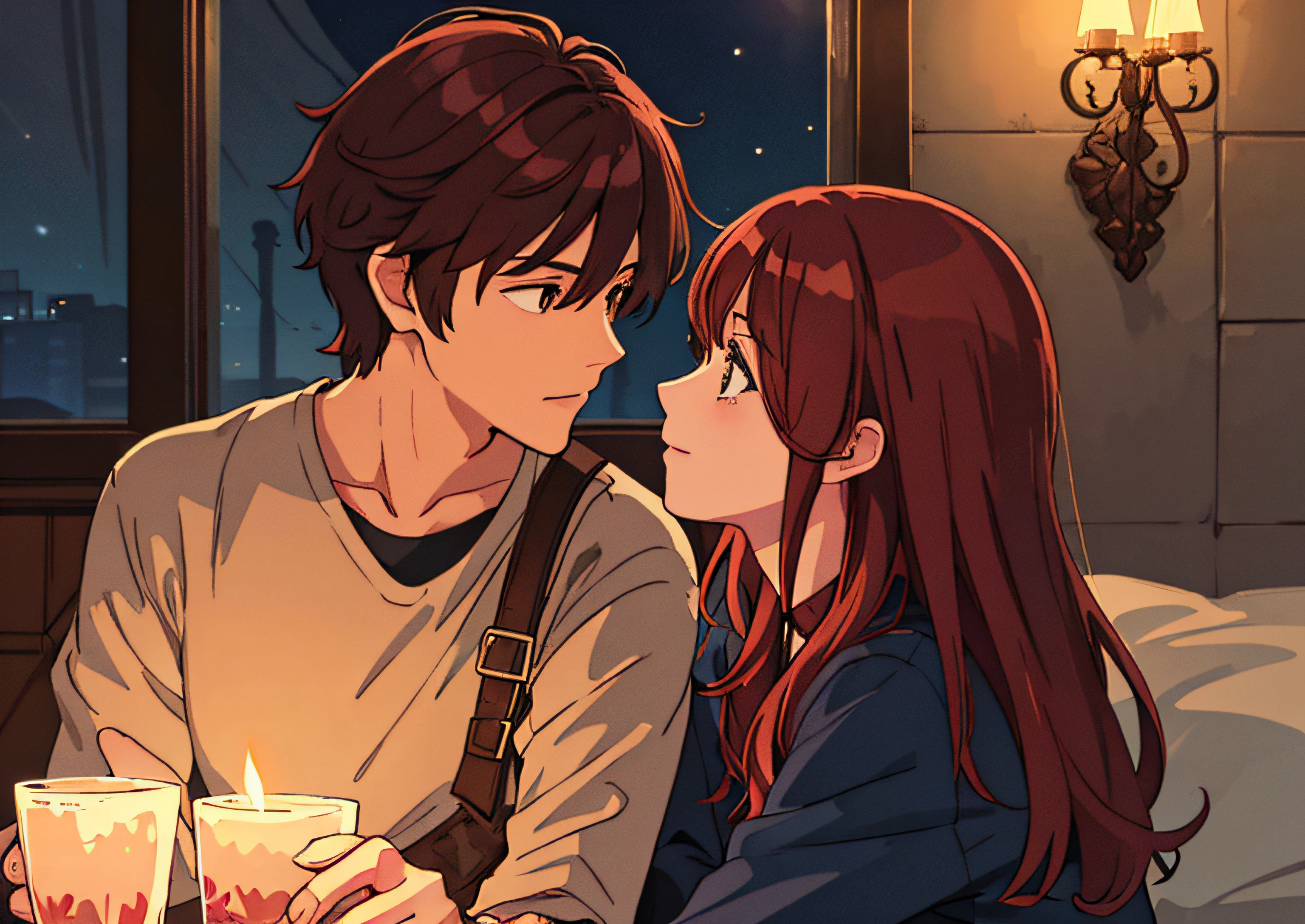 Style, masutepiece, of the highest quality, Special details, Illustration, romantic porn, Male and female couples, koi, heart mark, Night, At night, Atmosphere of blissful love, Girl brown hair, red haired man profile