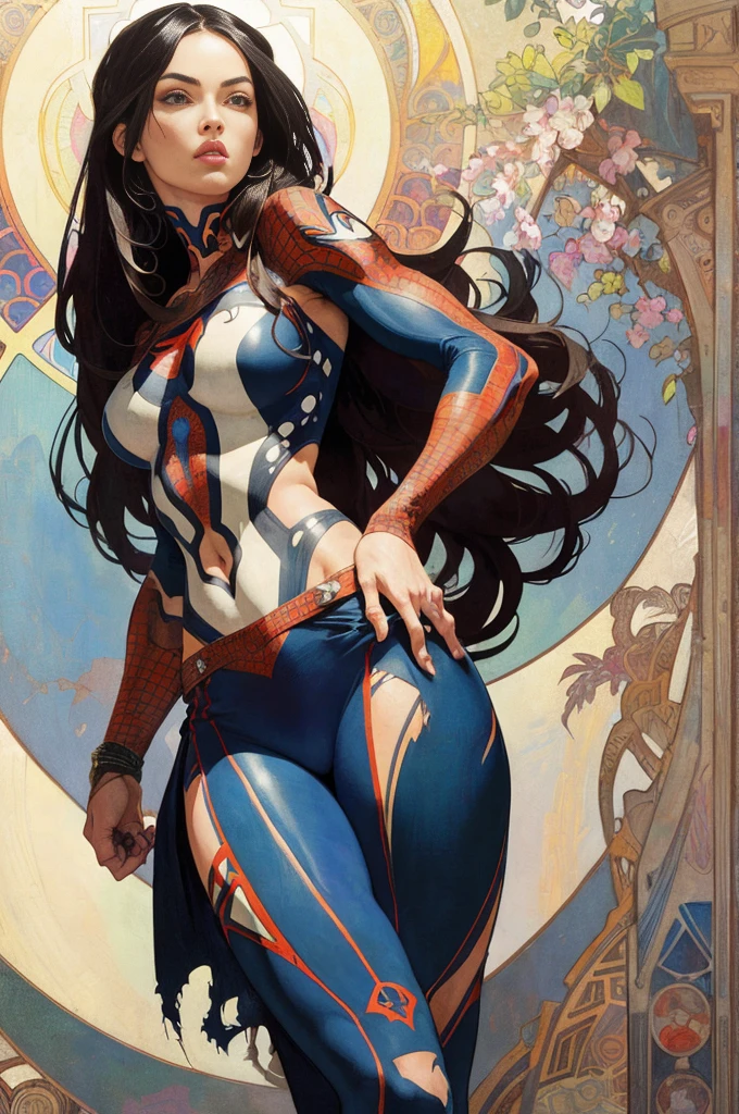 Megan fox、Sticking out the navel、newyork、She wears a torn Spider-Man suit,wearing skirt、abstract photorealistic、artistic、Alphonse Mucha's painting(​masterpiece、top-quality、hight resolution:1.4)、detaileds、intricate-detail、4K、color splashes、line-drawing、Fibonacci、