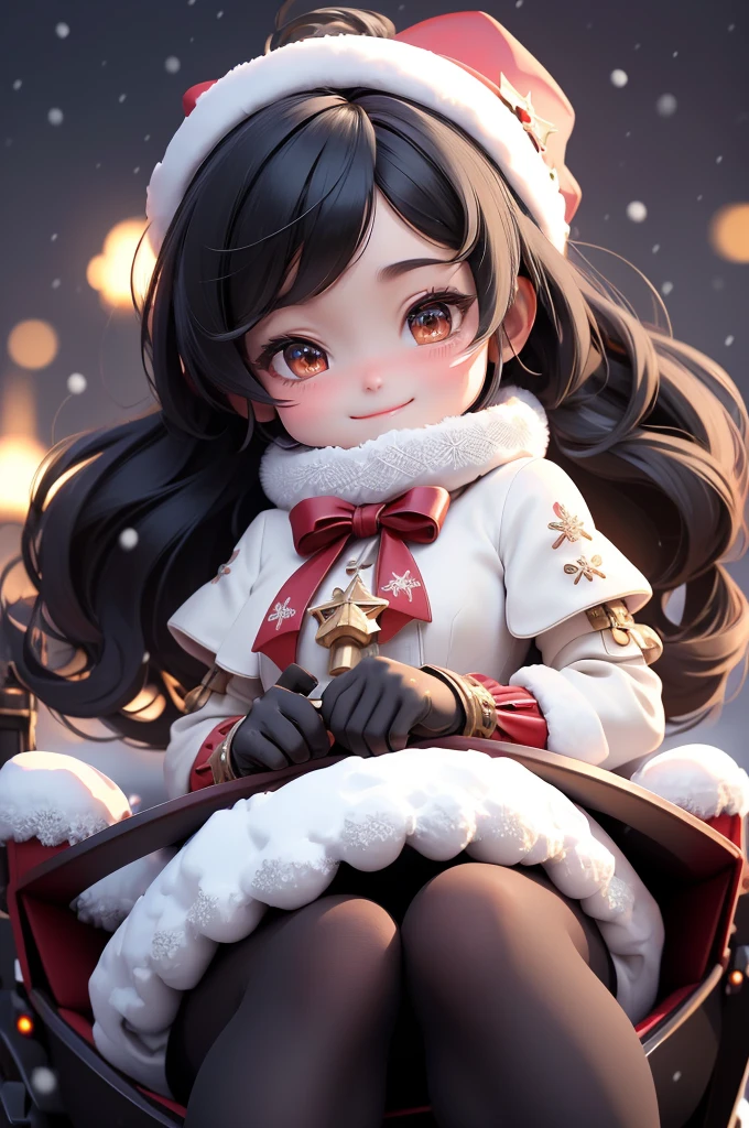 amasterpiece, best quality, 8k, cinematic light, ultra high res, chibi, cute girl smiling sitting on a sleigh, black hair, christmas steampunk dress, christmas hair ribbons, white pantyhose, red pumps, magical night, winter night, magical sparks floating, falling snow, dark shadows, ((dark fantasy)),