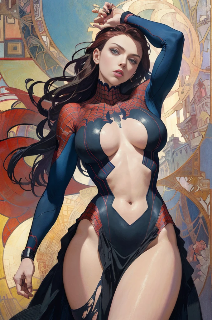 scarlet johansson、Sticking out the navel、newyork、She wears a torn Spider-Man suit,wearing skirt、abstract photorealistic、artistic、Alphonse Mucha's painting(​masterpiece、top-quality、hight resolution:1.4)、detaileds、intricate-detail、4K、color splashes、line-drawing、Fibonacci、