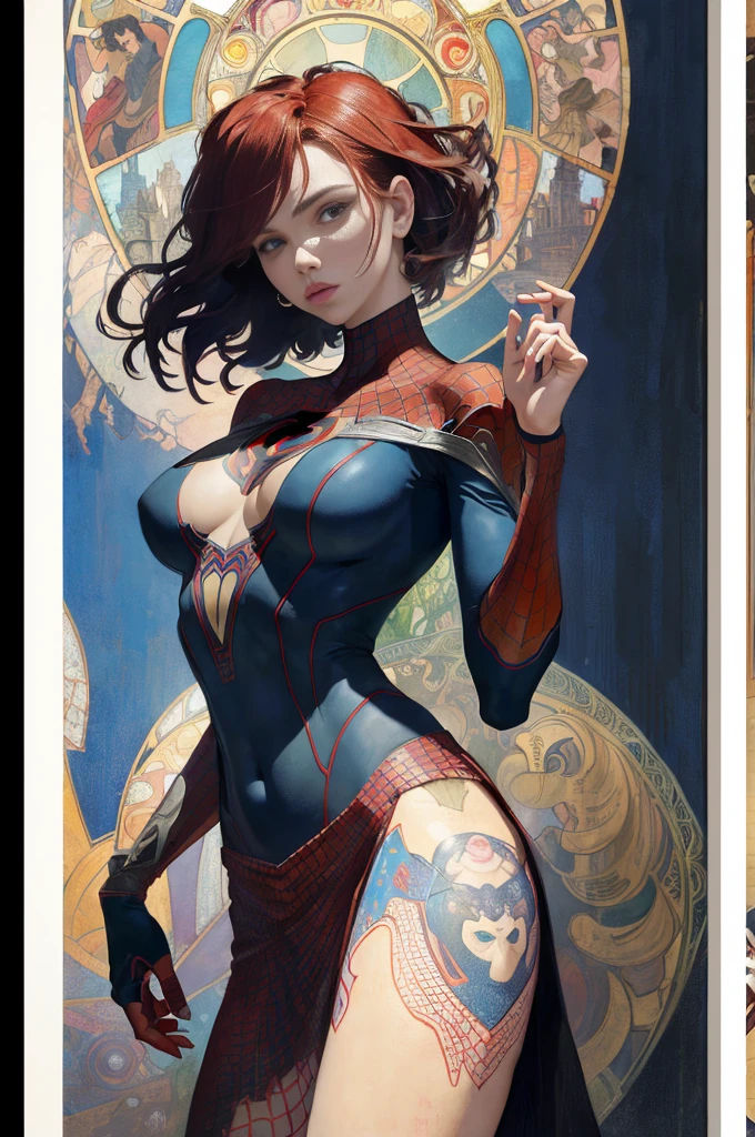 scarlet johansson、Sticking out the navel、newyork、She wears a torn Spider-Man suit,wearing skirt、abstract photorealistic、artistic、Alphonse Mucha's painting(masterpiece、top-quality、hight resolution:1.4)、detaileds、intricate-detail、4K、color splashes、line-drawing、Fibonacci、