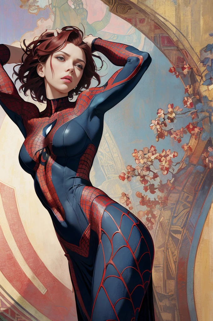 scarlet johansson、Sticking out the navel、newyork、She wears a torn Spider-Man suit,wearing skirt、abstract photorealistic、artistic、Alphonse Mucha's painting(​masterpiece、top-quality、hight resolution:1.4)、detaileds、intricate-detail、4K、color splashes、line-drawing、Fibonacci、