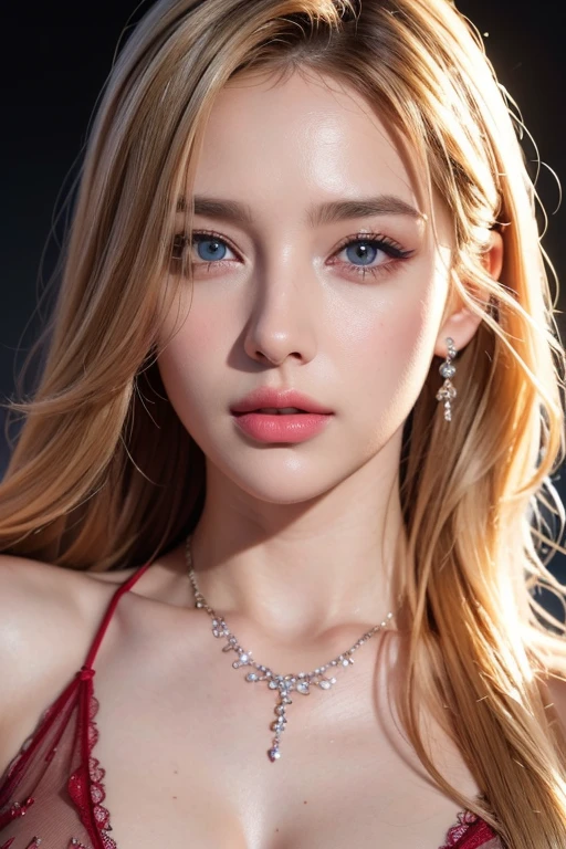 (best quality,4k,8k,highres,masterpiece:1.2),ultra-detailed,(realistic,photorealistic,photo-realistic:1.37),HDR,UHD,woman,long blonde hair,beautiful detailed eyes,beautiful detailed lips,extremely detailed eyes and face,long eyelashes,looking to observer,red lipstick,shiny full red sheer latex bodystocking,captivating gaze,diamond necklace,confident posture,softly illuminated by studio lighting,vivid colors,portrait,sharp focus,conceptual art,horizontal composition,colorful background lighting,gleaming reflection in the eyes,high contrast,bokeh