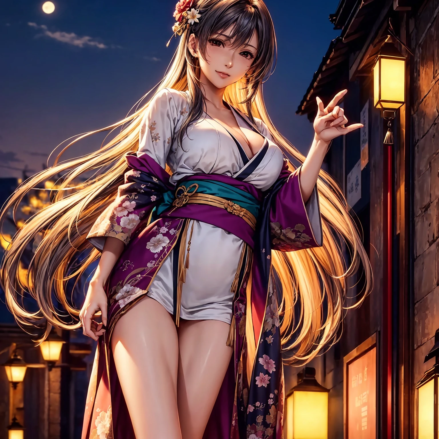 (top-quality、​masterpiece、very high res、超A high resolution,High resolution details 1.5)、A woman of perfect and ultimate beauty(24 years old 1.5)、(Beautiful breasts and body shape 1.5)、Beautiful body、美丽的面容、large pink,Long hair,Beautiful hair、Japan hair ornament,realistic textured skin,Wearing a beautiful Japanese long kimono,Kimono has colors and patterns.,Kimono sleeves and obi are long,Arms outstretched,Exposed shoulders from kimono,I can see the cleavage,Bright smile,Mouth opens,Hair flutters under the influence of the wind,The sleeves and obi of a kimono flap due to the wind.,that is a mysterious place,Fantastic night sky and beautiful full moon,Lantern light,Beautiful Landscapes、(The whole body,thigh visible,accurate anatomy、extremely detailed picture、Accurate images、Perfect Image 1.5)、、beautiful anime woman, Beautiful Art Style, an animated character、The whole picture、Detailed picture、Defect-free images、natural soft light、beautiful image、、(Best Shot 1.2)