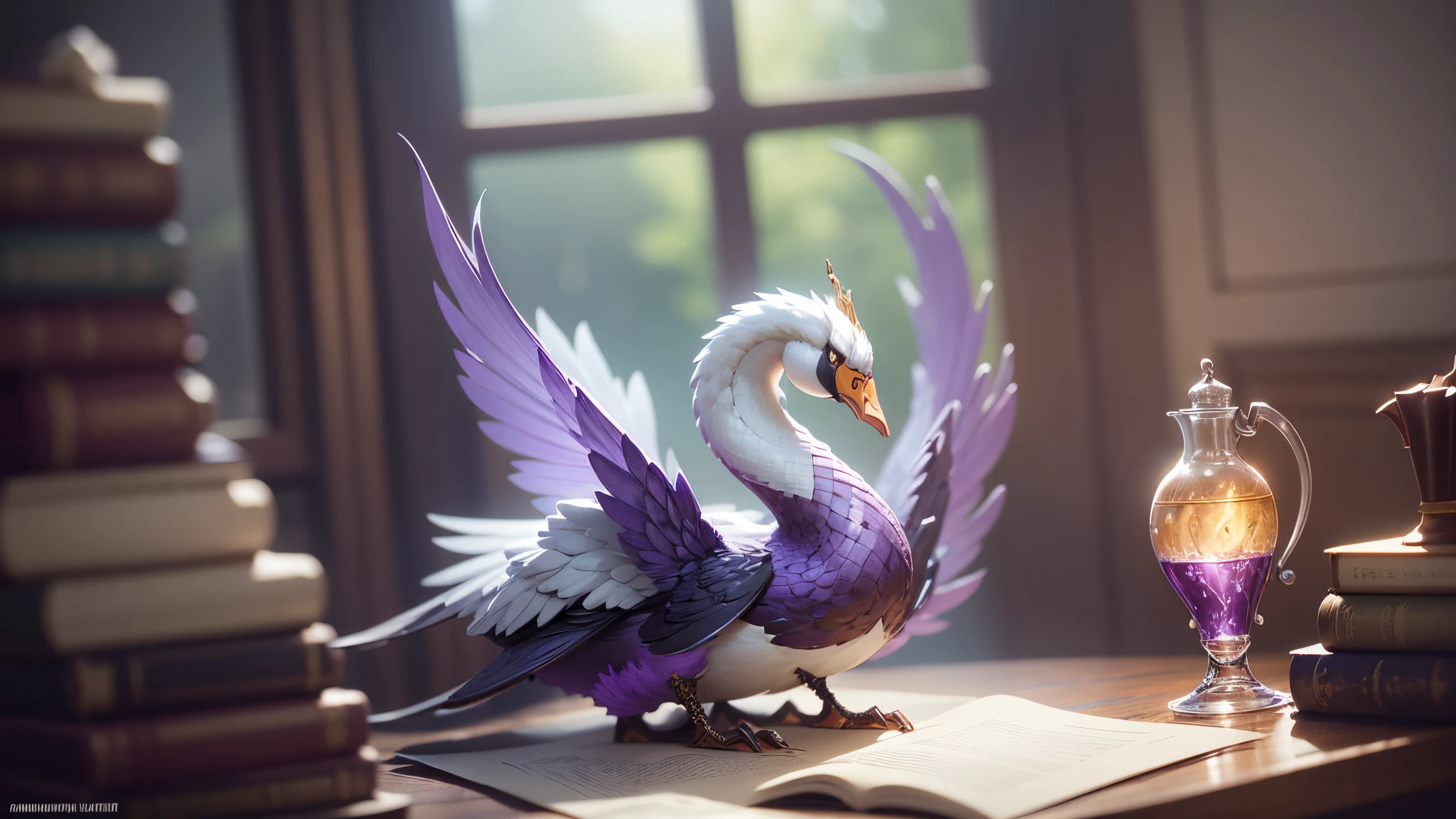 one purple potion in one round bottle on a messy brown table, papers and closed books, sunlight from a window, soft lighting, atmospheric, bottle the focus. by makoto shinkai, stanley artgerm lau, wlop, rossdraws, james jean, andrei riabovitchev, marc simonetti, krenz cushart, sakimichan, d d trending on artstation, digital art, Multilayer origami swan, deceptiveillusion, cosmic filigree, 8k, uhd, cinematic view point --auto --s2