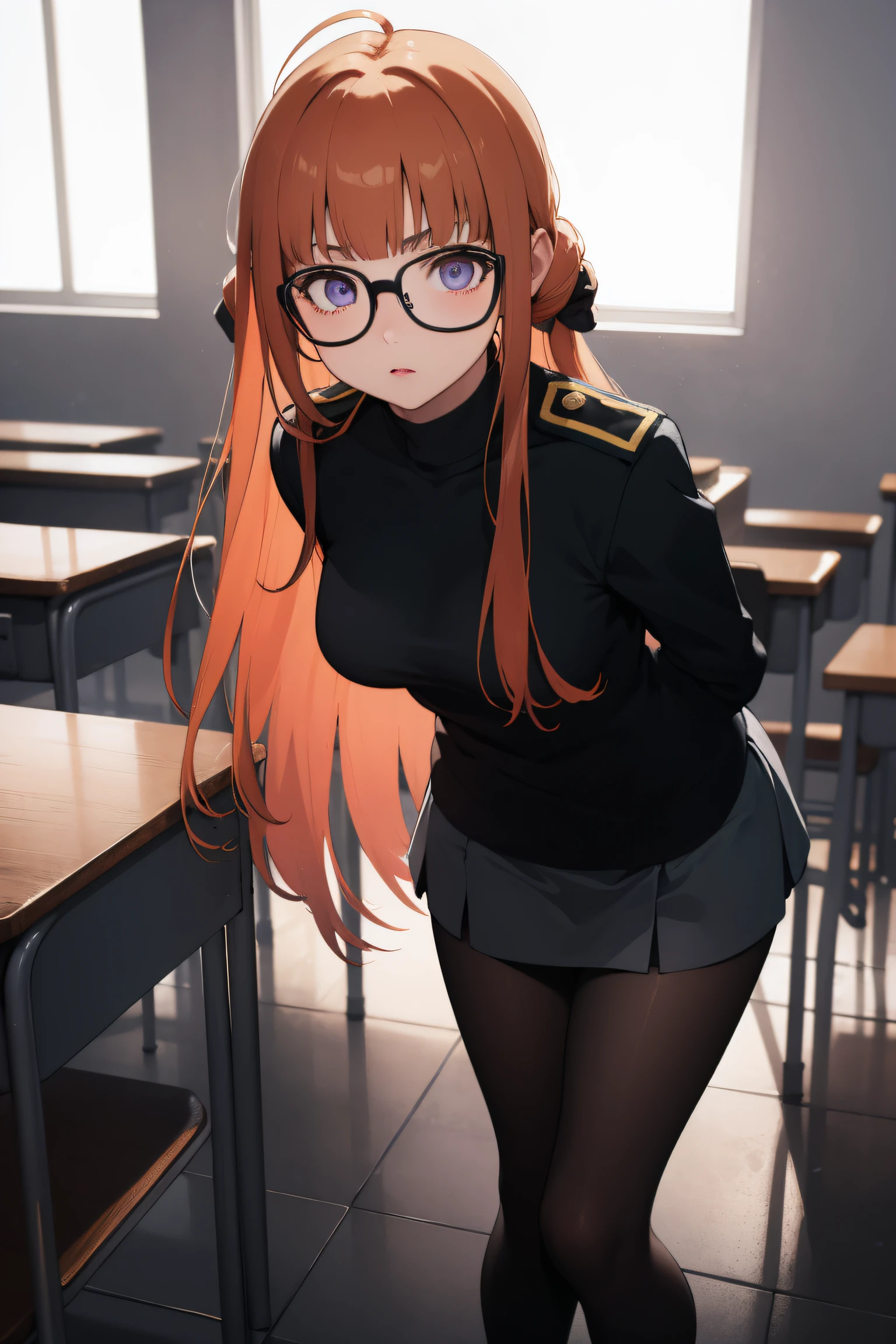 futabasakura, futaba sakura, orange hair, glasses, long hair, (purple eyes:1.1), ahoge,
BREAK military uniform, military,jacket,blue and white uniform,Skirt, (black_pantyhose:1.3),
BREAK looking at viewer,standing, leaning forward, arms behind back,
BREAK indoors, classroom,
BREAK (masterpiece:1.2), best quality, high resolution, unity 8k wallpaper, (illustration:0.8), (beautiful detailed eyes:1.6), extremely detailed face, perfect lighting, extremely detailed CG, (perfect hands, perfect anatomy),