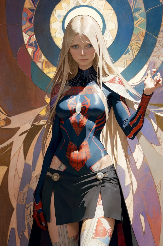 Gwyneth Paltrow、Sticking out the navel、newyork、She wears a torn Spider-Man suit,wearing skirt、abstract photorealistic、artistic、Alphonse Mucha's painting(​masterpiece、top-quality、hight resolution:1.4)、detaileds、intricate-detail、4K、color splashes、line-drawing、Fibonacci、
