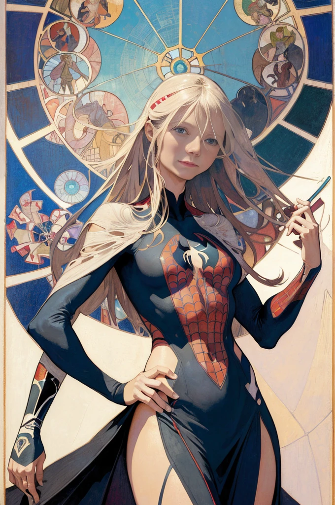 Gwyneth Paltrow、Sticking out the navel、newyork、She wears a torn Spider-Man suit,wearing skirt、abstract photorealistic、artistic、Alphonse Mucha's painting(masterpiece、top-quality、hight resolution:1.4)、detaileds、intricate-detail、4K、color splashes、line-drawing、Fibonacci、