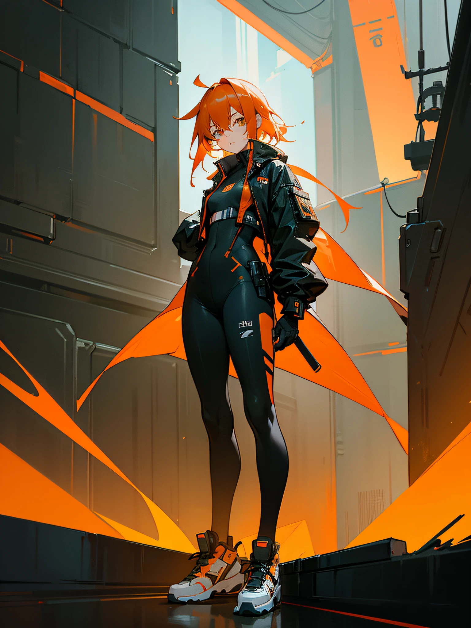 Cyberpunk Edge Runner、Lucy、Standing、orange color hair、white shoe、Neon atmosphere、Medium chest