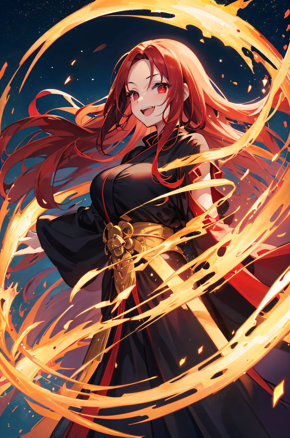 Colossal tits　Smile with open mouth　tall　Small eyes　No bangs（Bring out your forehead）　28 year old adult woman with red straight hair　She is dressed as a black and red witch.　red eyes　Pale smile　Gold decoration　Night sky background　fullmoon　The whole body is depicted　Shonen manga style　combat scene　Dynamism　black robes