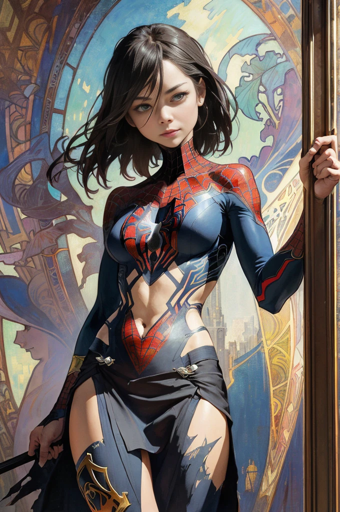 Kristin Kreuk、Sticking out the navel、newyork、She wears a torn Spider-Man suit,wearing skirt、abstract photorealistic、artistic、Alphonse Mucha's painting(​masterpiece、top-quality、hight resolution:1.4)、detaileds、intricate-detail、4K、color splashes、line-drawing、Fibonacci、