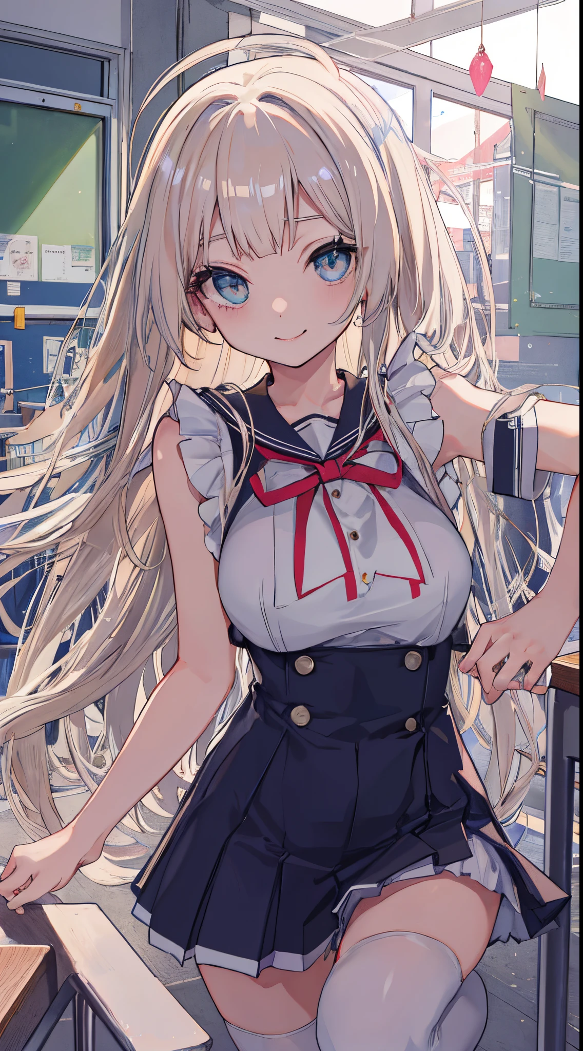 top-quality、realistic touch,high-detail、photoRealstic、Long body、captive beauty、big eye、Colossal tits、Strong platinum blonde eyelashes、platinum-blond、full body Esbian、Sparkling eyes、Submissive smile、Flushed cheeks、Kamimei、thin-waist、Voluptuous thighs、Enraptured look、Raked bangs、The forehead is protruding、Tight sailor uniform、thigh-high socks、sleeveless、Tight and short skirt with a large slit、Inside a school classroom、She isn't not wearing panties、High-waisted skirt