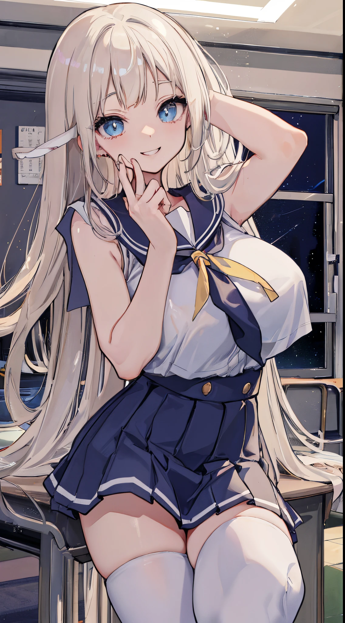 top-quality、realistic touch,high-detail、photoRealstic、Long body、captive beauty、big eye、Colossal tits、Strong platinum blonde eyelashes、platinum-blond、full body Esbian、Sparkling eyes、Submissive smile、Flushed cheeks、Kamimei、thin-waist、Voluptuous thighs、Enraptured look、Raked bangs、The forehead is protruding、Tight sailor uniform、thigh-high socks、sleeveless、Tight and short skirt with a large slit、Inside a school classroom、She isn't not wearing panties、High-waisted skirt