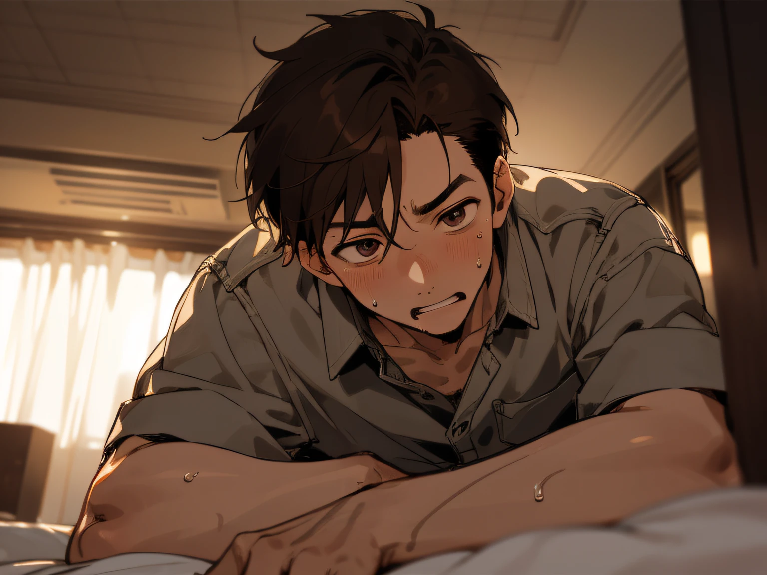 male people, 26 years old,1 boy、Brown hair,Denim shirt,eyes are brown,extreme close - up,Sweating、Angle from below,perspiring,Impatient expression,Background Hotel,a bed,natta
