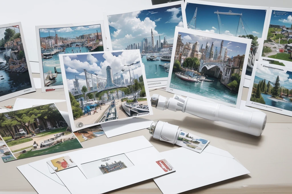(((Multiple postcards on the work table))),(Best quality,A high resolution,An all-white color palette incredibly complex,The picture on the postcard Bionic Machinery Group)