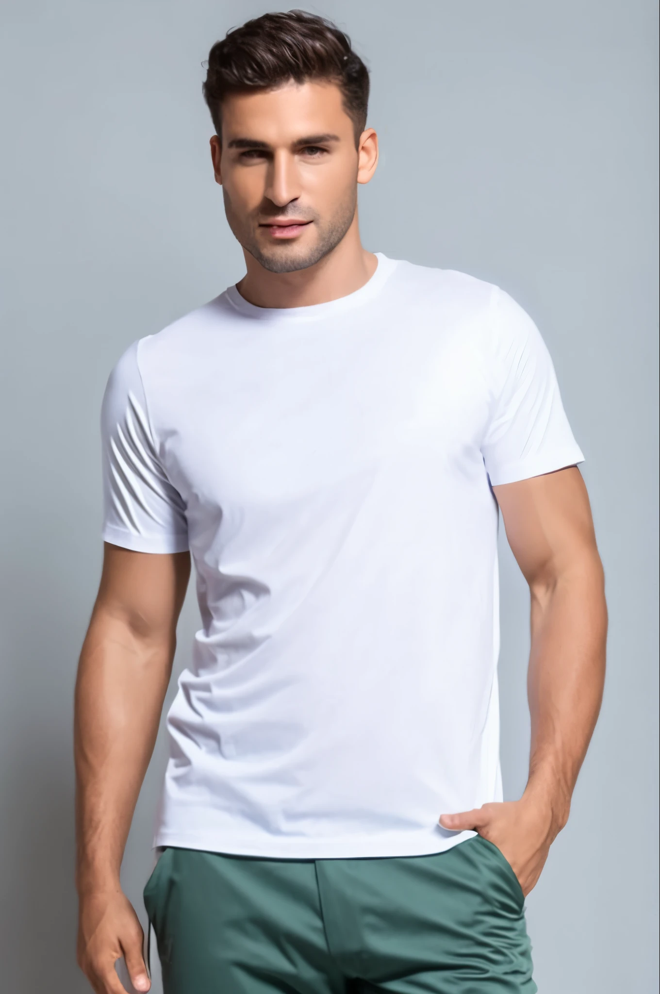 a close-up of a man in a white shirt and green pants, vestindo uma camiseta, Homem de Branco T - Camisa, camiseta branca, tshirt branca lisa, vestido com uma camiseta branca, vestindo uma camisa clara, vestido com uma camiseta branca, Homem magro com pele bronzeada clara, camiseta branca, T-shirt branca, vestindo camisa branca