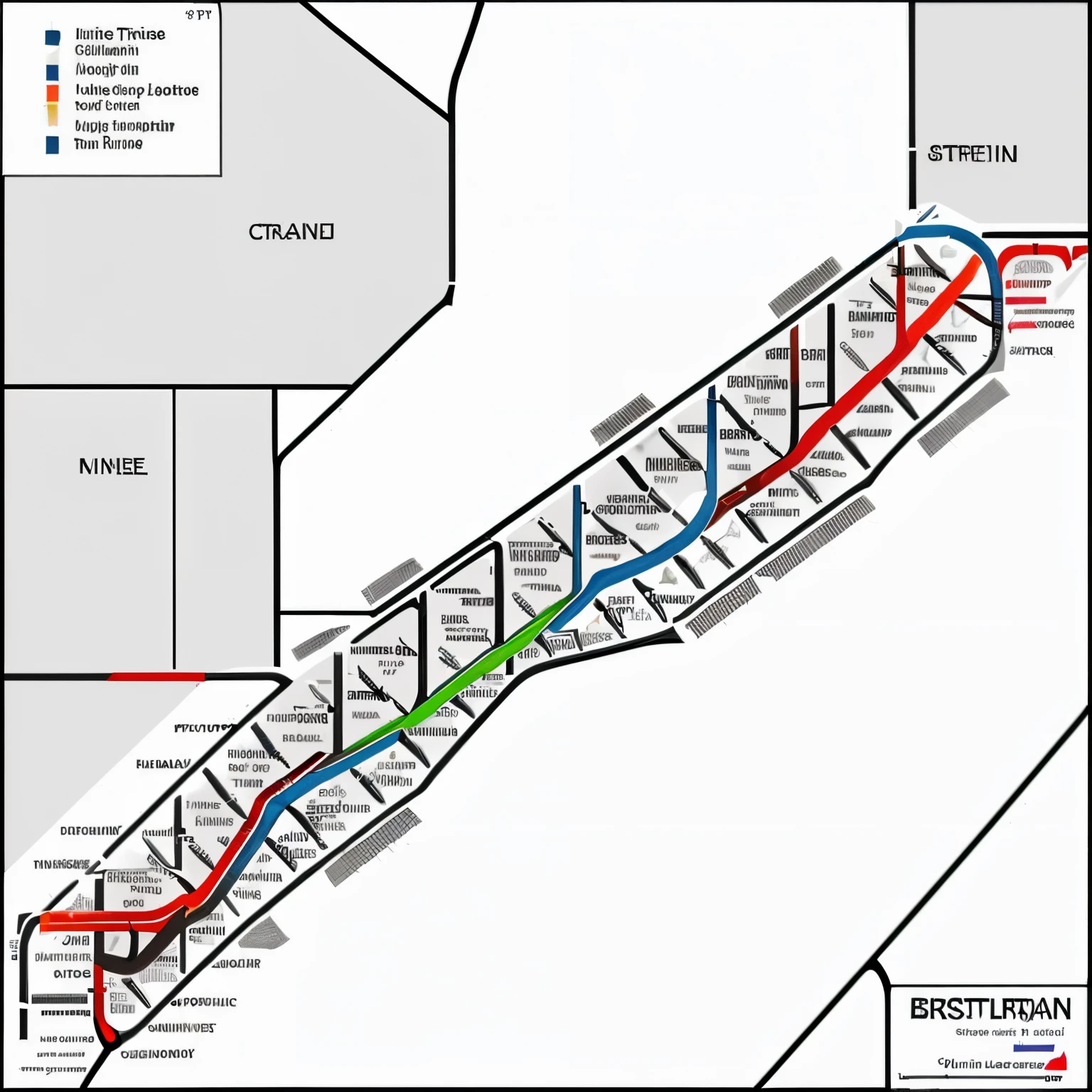Train and bus transit map for greater Lafayette Indiana.  Include route numbers and street names
