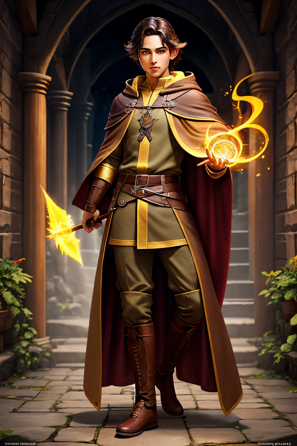 full body, male, half elf, age, wizard, brownish skin, dark brown hair, yellow eyes, mage robe, wood staff