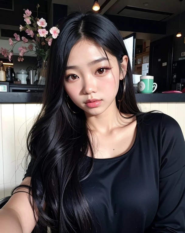 there is a woman sitting at a table with a plate of food, menina coreana, Mulher sul-coreana bonita, Ulzzang, linda mulher coreana jovem, Asian girl with long hair, mulher coreana jovem bonita, Mulher coreana, young adorable korean face, Ela tem cabelo preto com franja, a young asian woman, cruel korean goth girl, com cabelos longos, Beautiful Asian girl